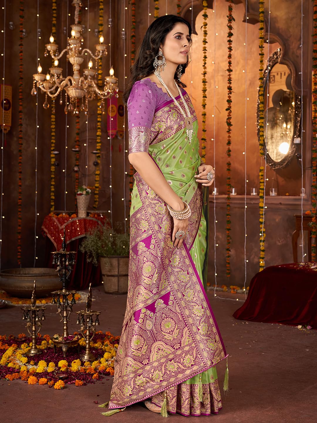 Mehrang Women Ethnic Saree, Silk Blend, Green With Pink Embroidery And Motifs, 6 Metres