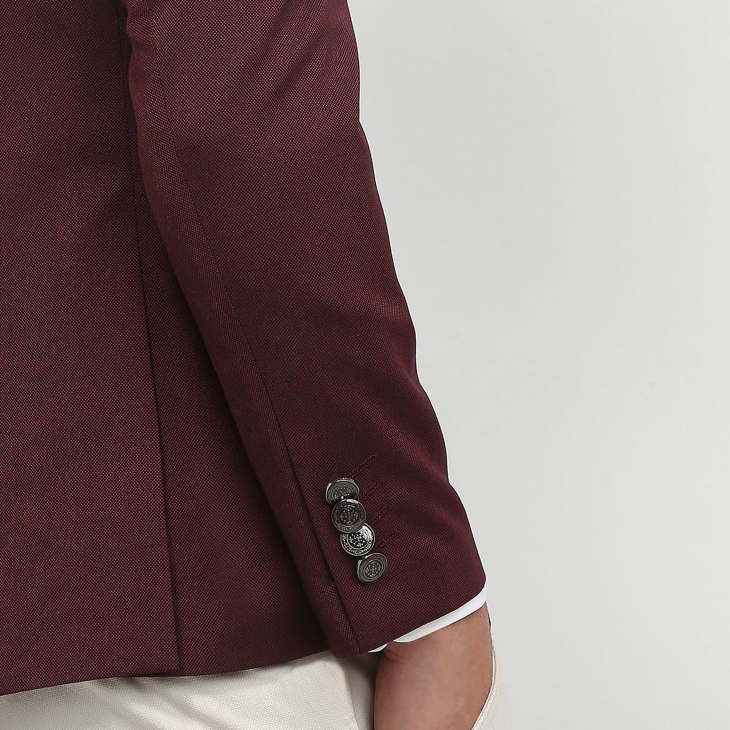 Raymond Men Regular Fit Solid Pattern Terry Rayon Blend Stand Collar Full Sleeve Ceremonial Jacket (Size: 40)-RIJI00129-M7 Dark Maroon