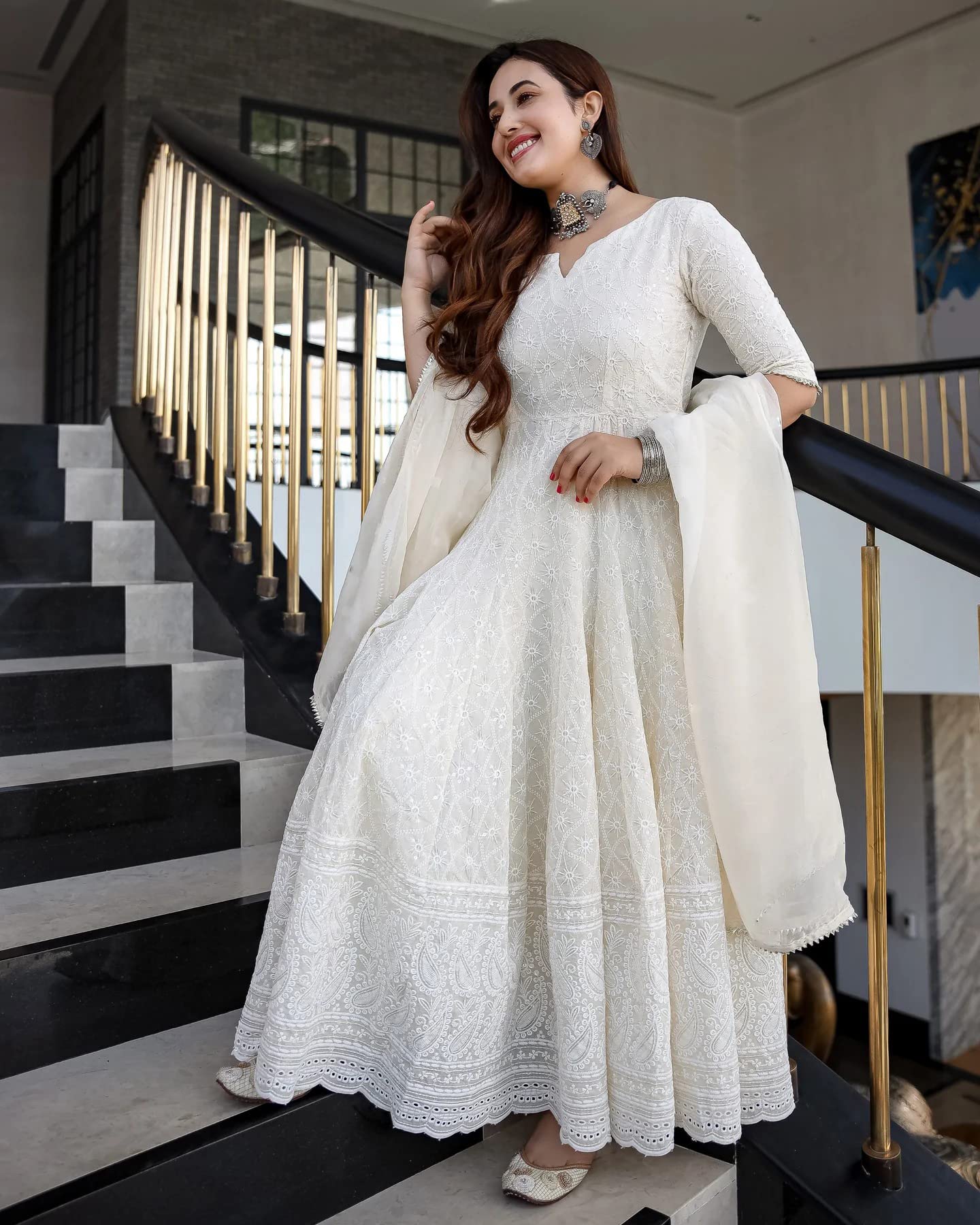 Royal Export Women's Cotton Blend White Chikankari Anarkali Gown with Dupatta | Dresses for Girls | Pant Not Included-XXL