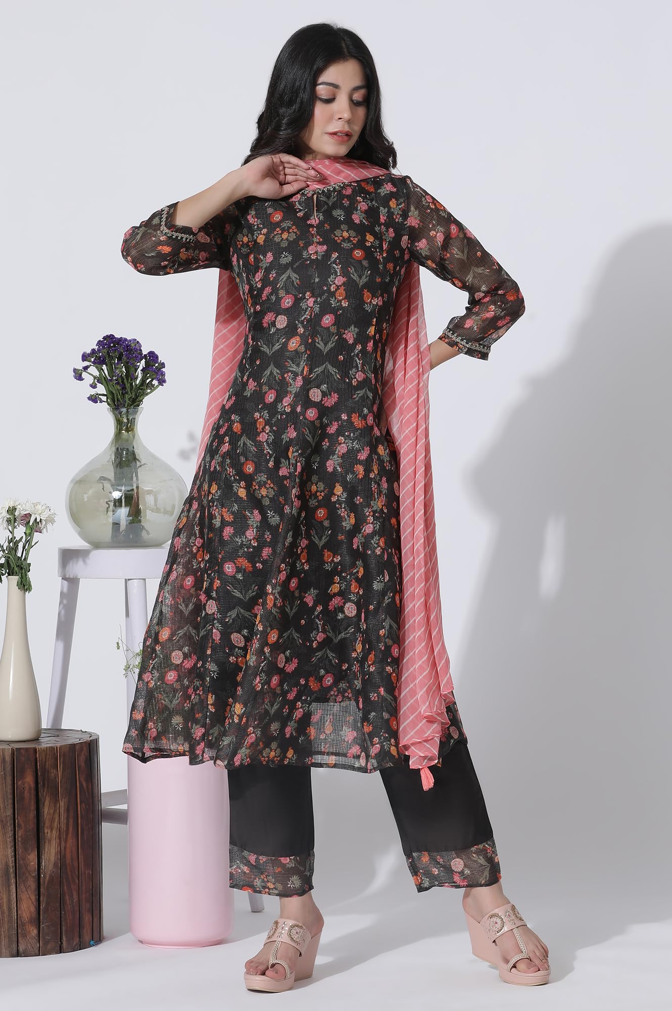 W for Woman Dark Brown Panelled Printed Kota Kurta, Pants and Dupatta Set_24FEWS11022-123350_M