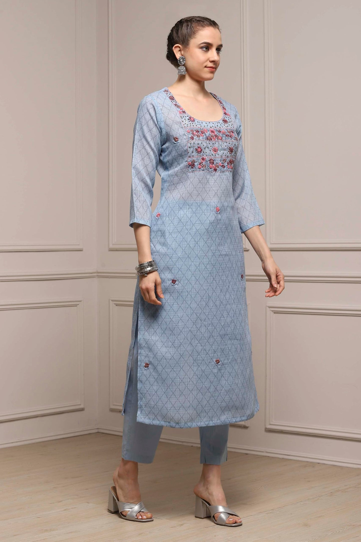 Biba Women Blue Cotton Blend Hand Embroidered Unstitched Suit Set_FREE SIZE
