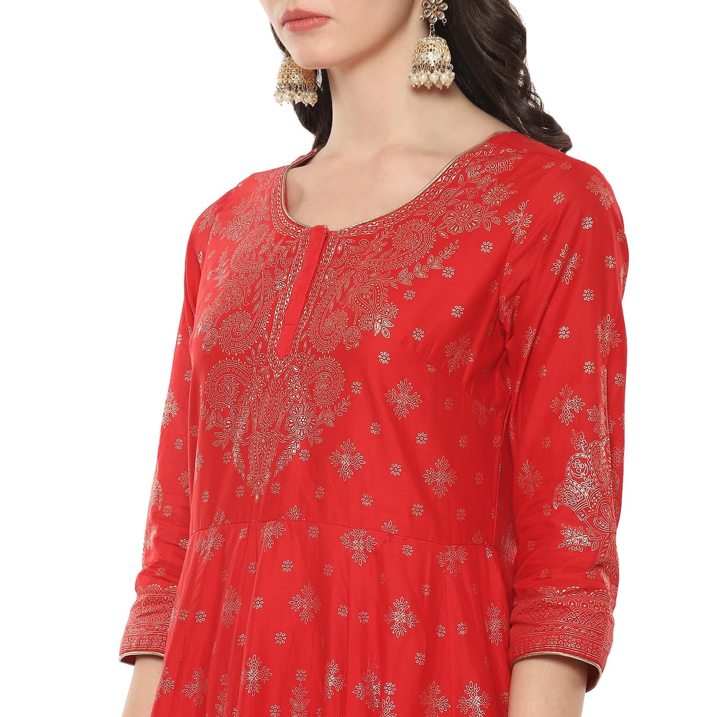 BIBA Women Cotton Printed Anarkali Salwar Kurta Dupatta(Skdgold Mur9148_Red_38)