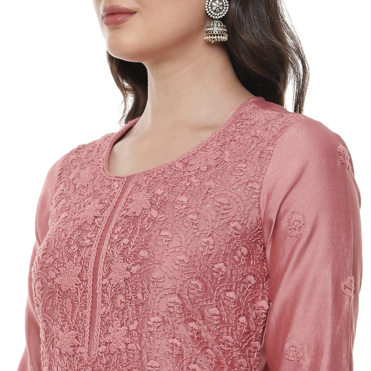 BIBA WOMEN EMBROIDERY STRAIGHT SALWAR KURTA DUPATTA(SKDCHIKANKA7220_ONION PINK_42)