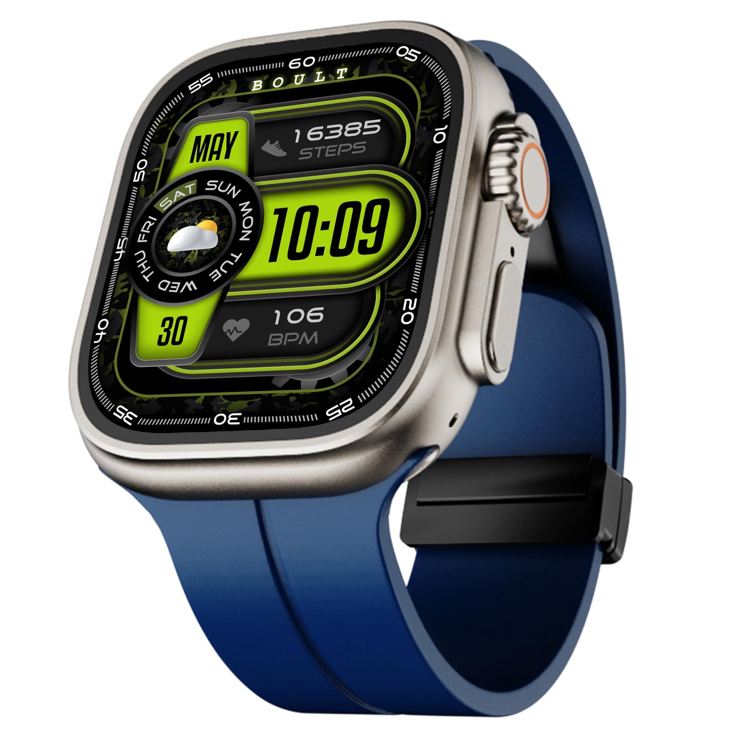 GOBOULT Newly Launched Crown Pro Smart Watch 2.01'' AMOLED, BT Calling, Working Crown, Zinc Alloy Frame, AI Voice Assistant, SpO2 Monitoring, 120+ Sports Mode (Blue)