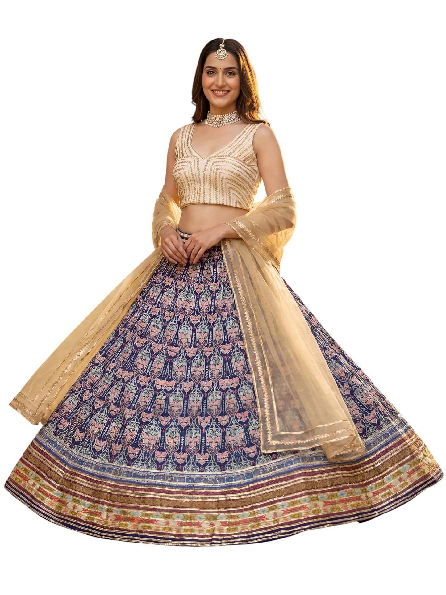Zeel Clothing Women's Digital Print With Gota Patti Art Silk Lehenga Choli With Dupatta (5053-Blue-Women-Lehenga-Choli-Set; Free Size)