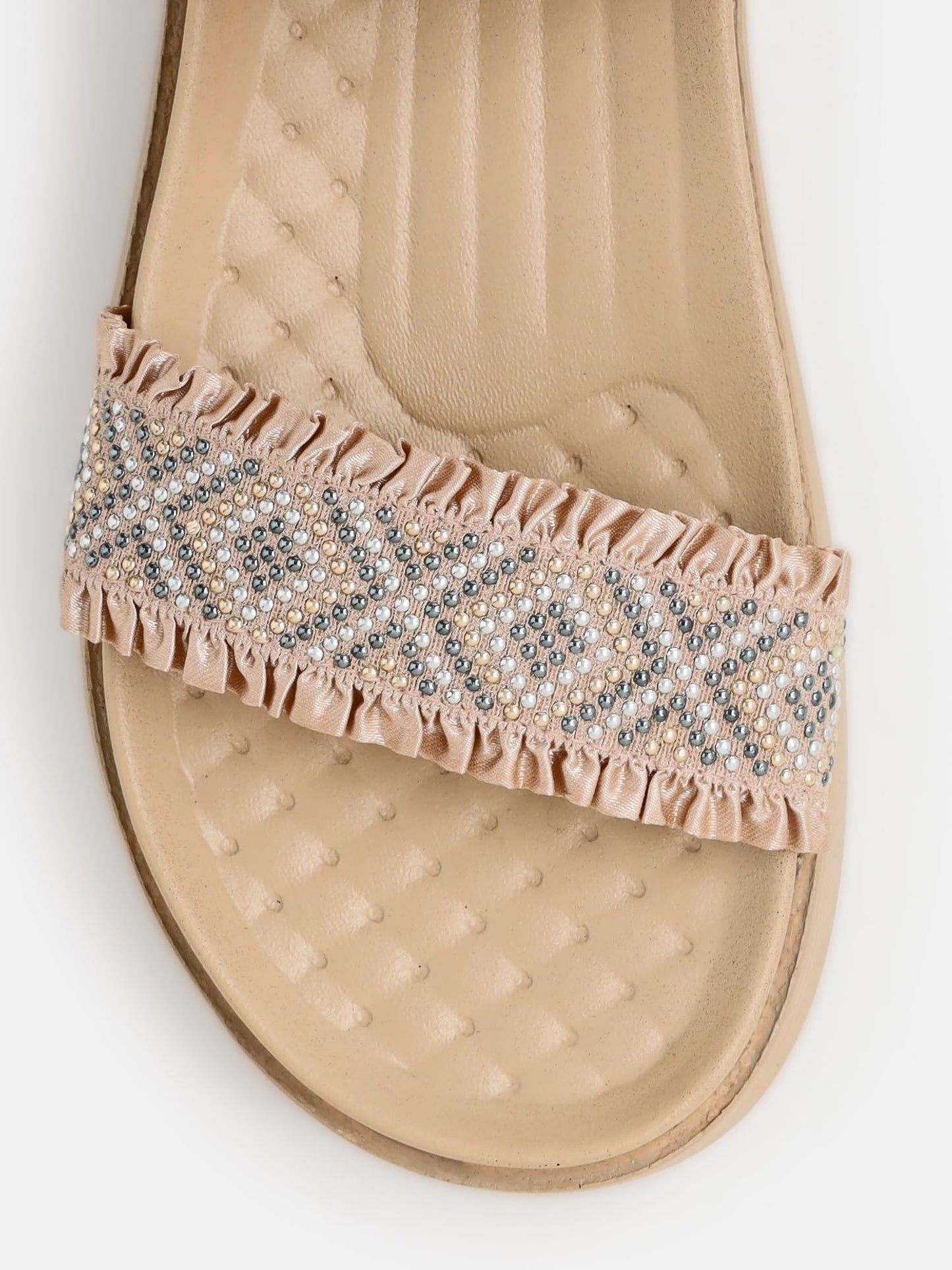 Kenneth Cole Women's Flatform Sandal | Premium Synthetic Upper | Ladies Open-Toe, Slingback Design, Cushioned Footbed | Dazzling Beaded-Embellished Vamp Strap, Ruffled Edges | Elevated Contemporary Style, Effortless Comfort & Chic Appeal | Beige, UK6