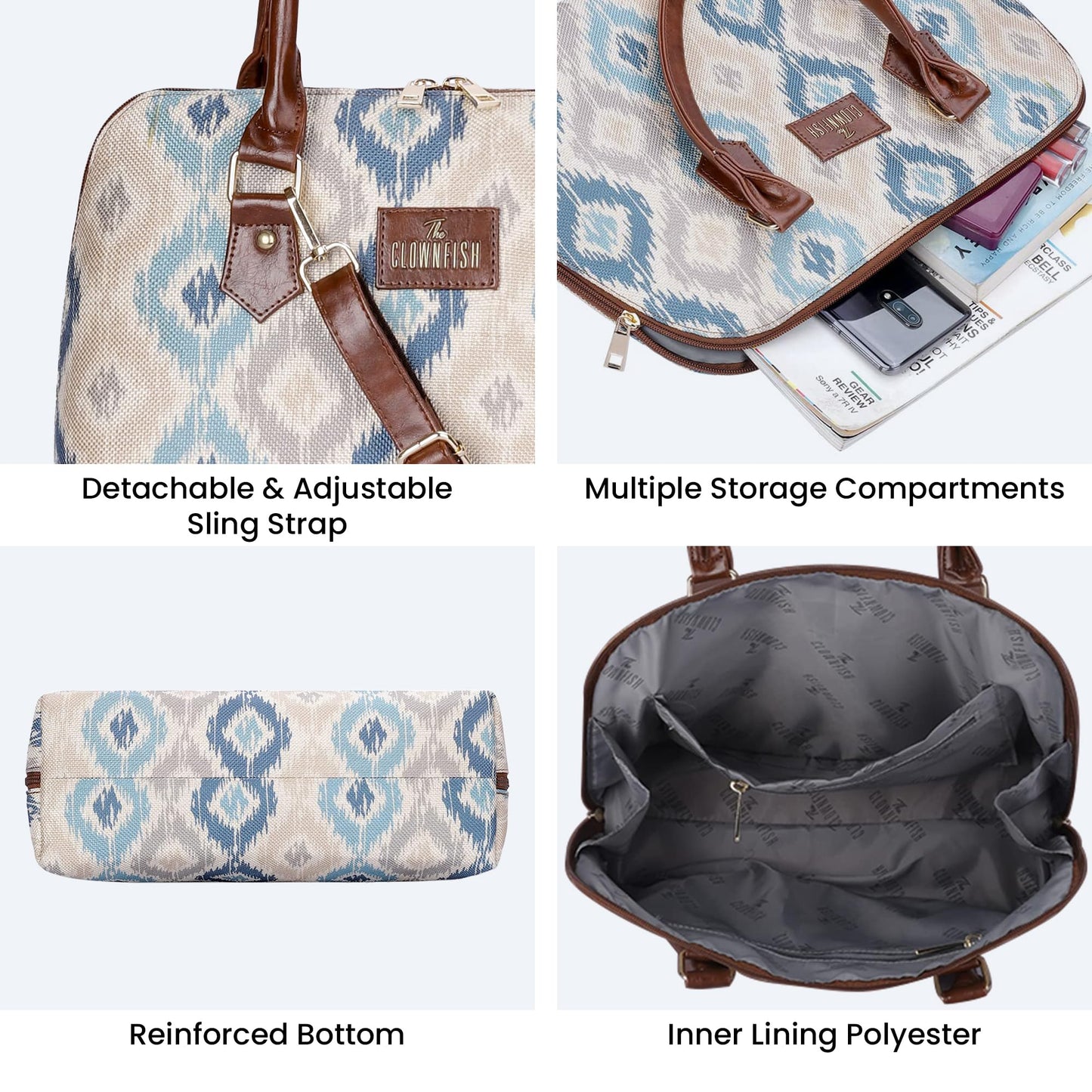 THE CLOWNFISH Montana Series Printed Handicraft Fabric & Faux leather Handbag for Women Office Bag Ladies Purse Shoulder Bag Tote For Women College Girls (Pearl with Patola Design)