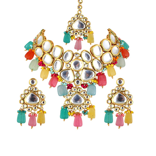 Lucky Jewellery Back Meenakari 18k Gold Plated MultiColor Tika Earring Combo Jewellery Set Uncut Kundan Big Faux Kundan Choker Necklace Set For Girl's & Women (2935-M6SK-1674-MT)