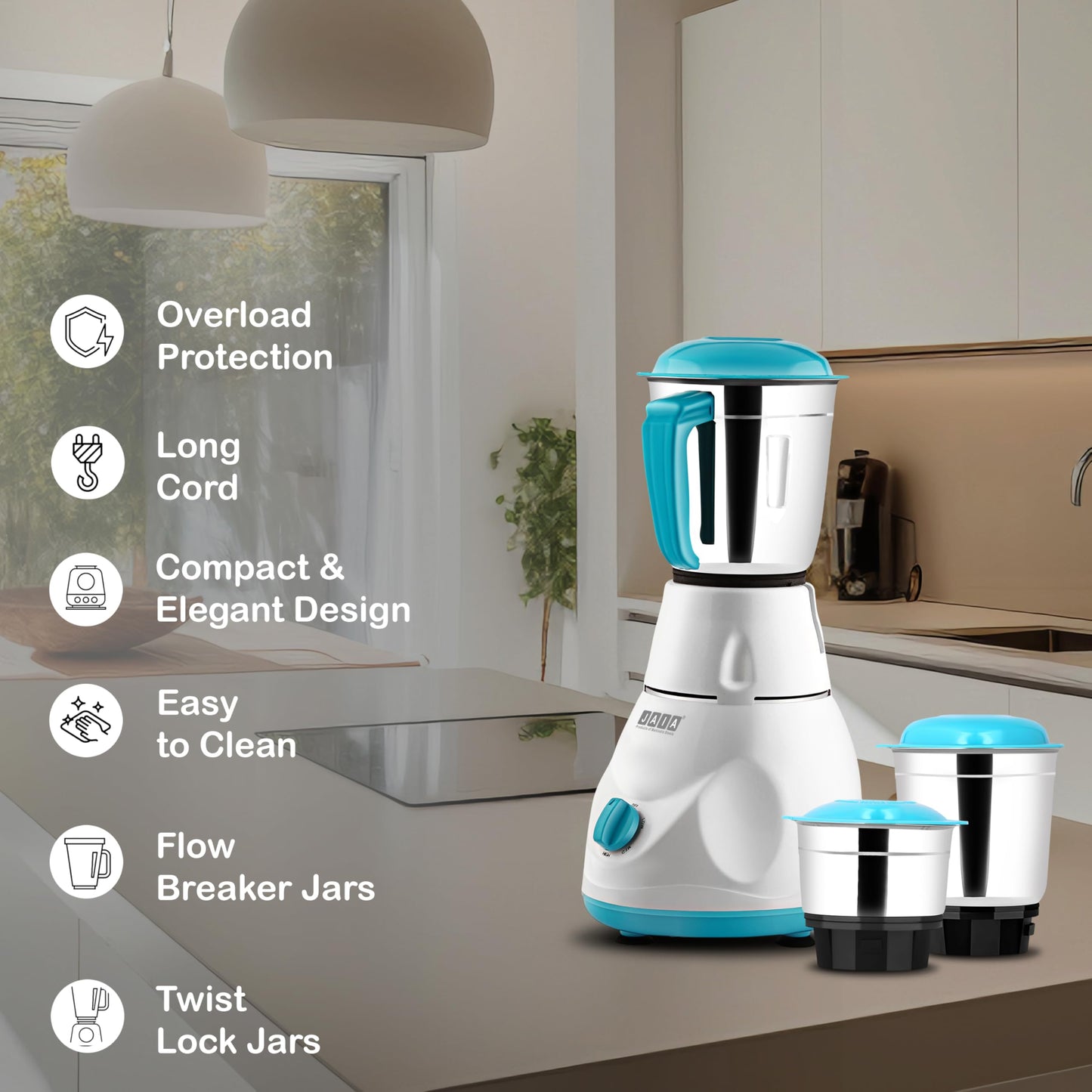 Jaia Fusion Mixer Grinder 550-Watt Mixer Grinder with 3 Jars Liquidizing Wet Grinding and Chutney Jar Stainless Steel blades 1 Year Warranty (Color- CDGreen)
