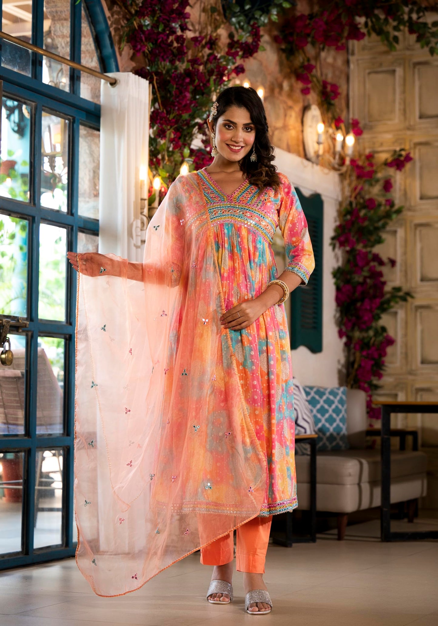 Varanga Women Multi Coloured Bandhani Printed Mirror Work Anarkali Kurta With Bottom And Dupatta