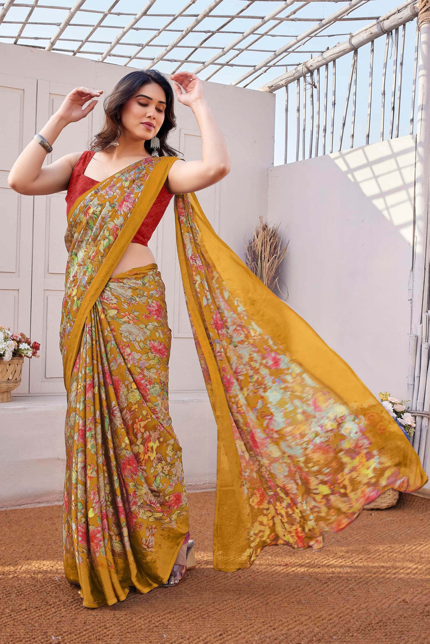 MIRCHI FASHION Women's Chiffon Floral Printed Saree with Blouse Piece (60424 - Rust Orange, Multicolor)