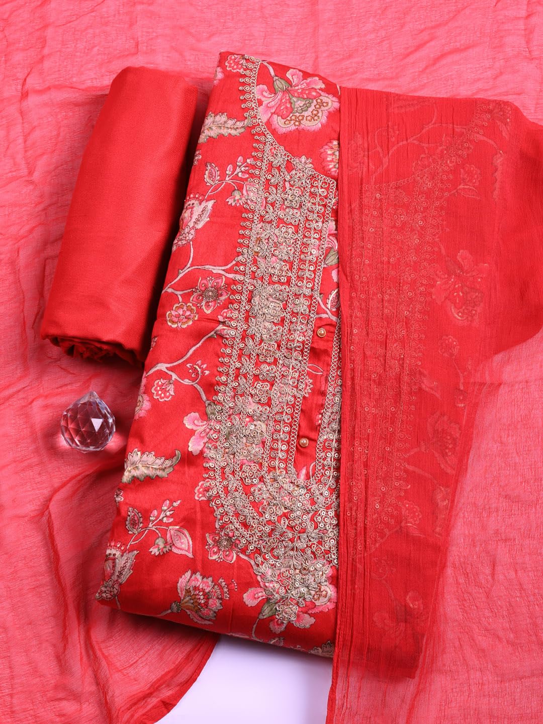 Meena Bazaar Printed Cotton Unstitched Kurta with Bottom & Dupatta