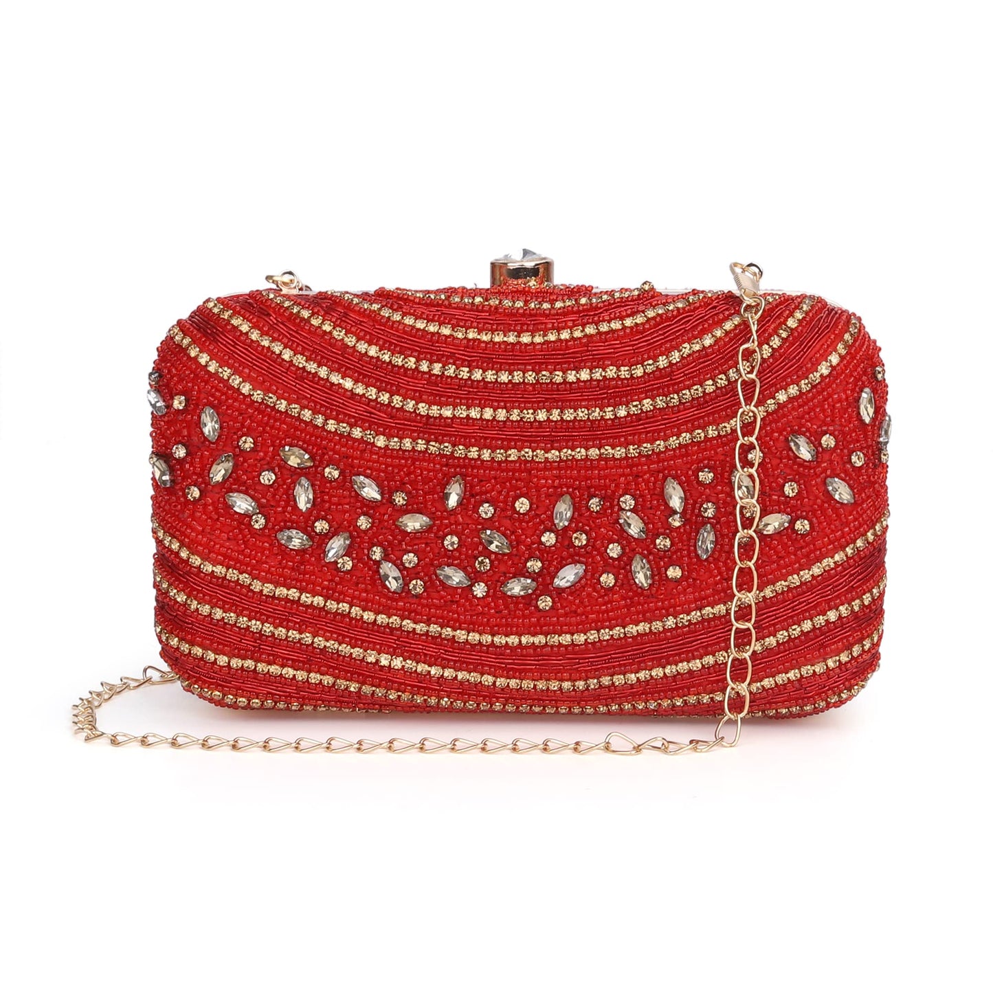 The Clownfish Emerald Collection Womens Party Clutch Ladies Wallet Evening Bag with Fashionable Round Corners Beads Work Floral Design (Red)