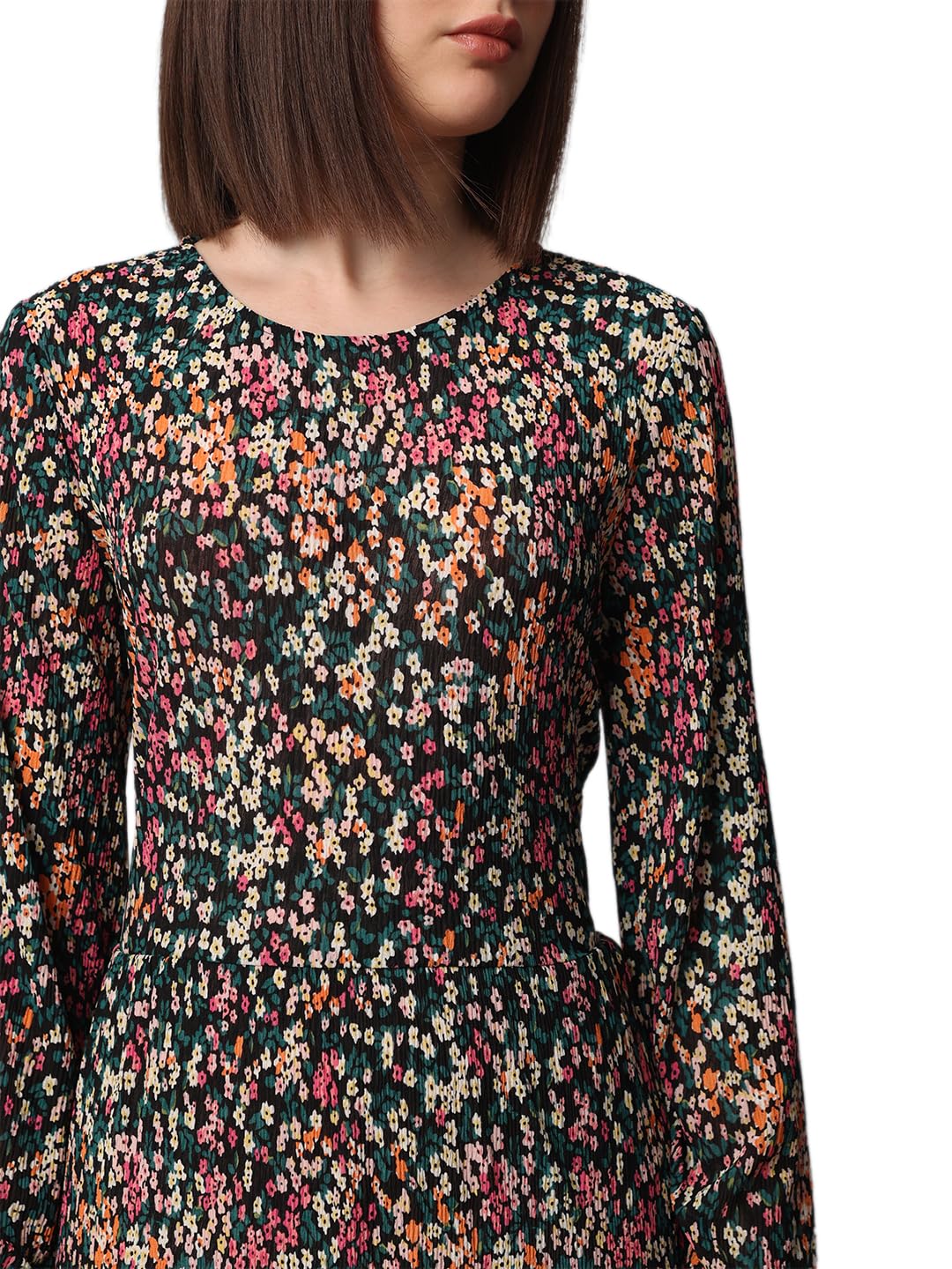 ONLY Women Floral Fit and Flare Casual Black Layered Dress