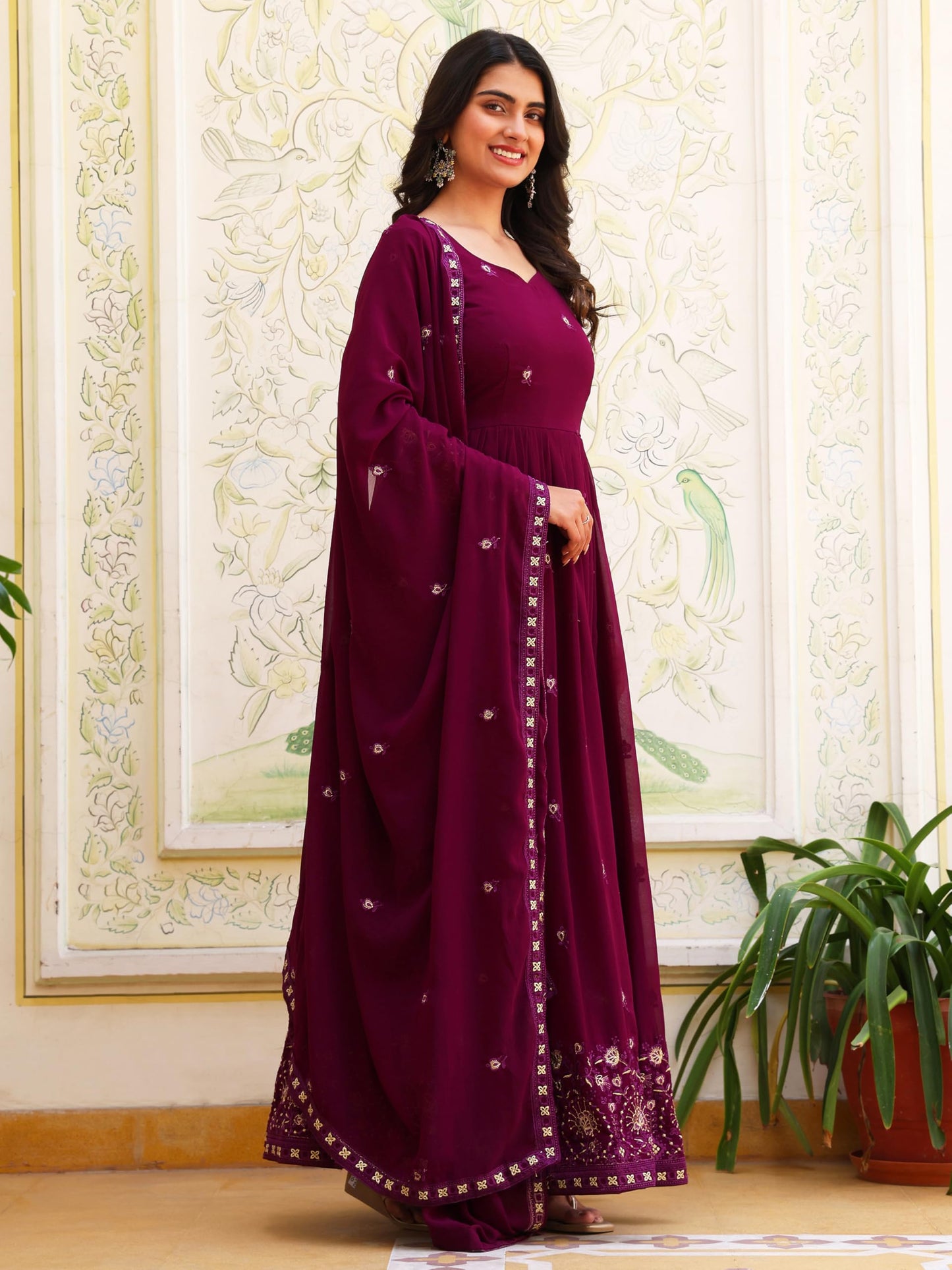 Fashion Basket Georgette Embroidered Anarkali Dress for Women Purple