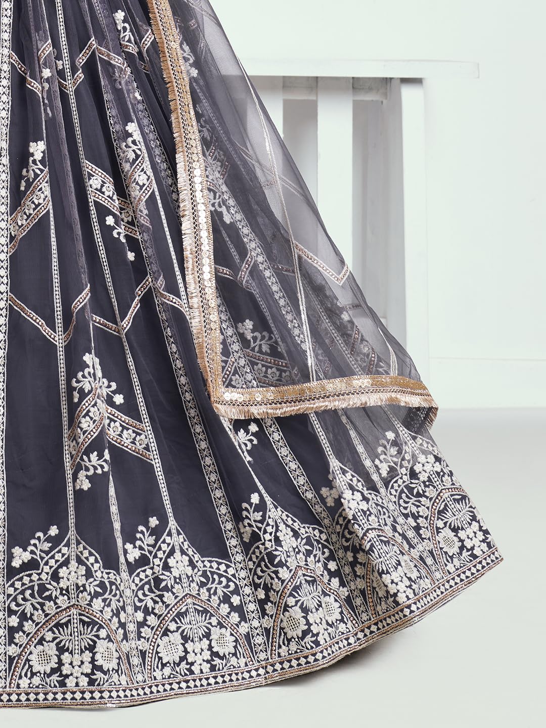Zeel Clothing Women's Cotton Thread Sequins Work Embroidery Soft Net Readymade Lehenga Choli Set With Dupatta (Nfh-2203-Dark-Grey-Women-Lehenga-Choli-Latest; Free Size)