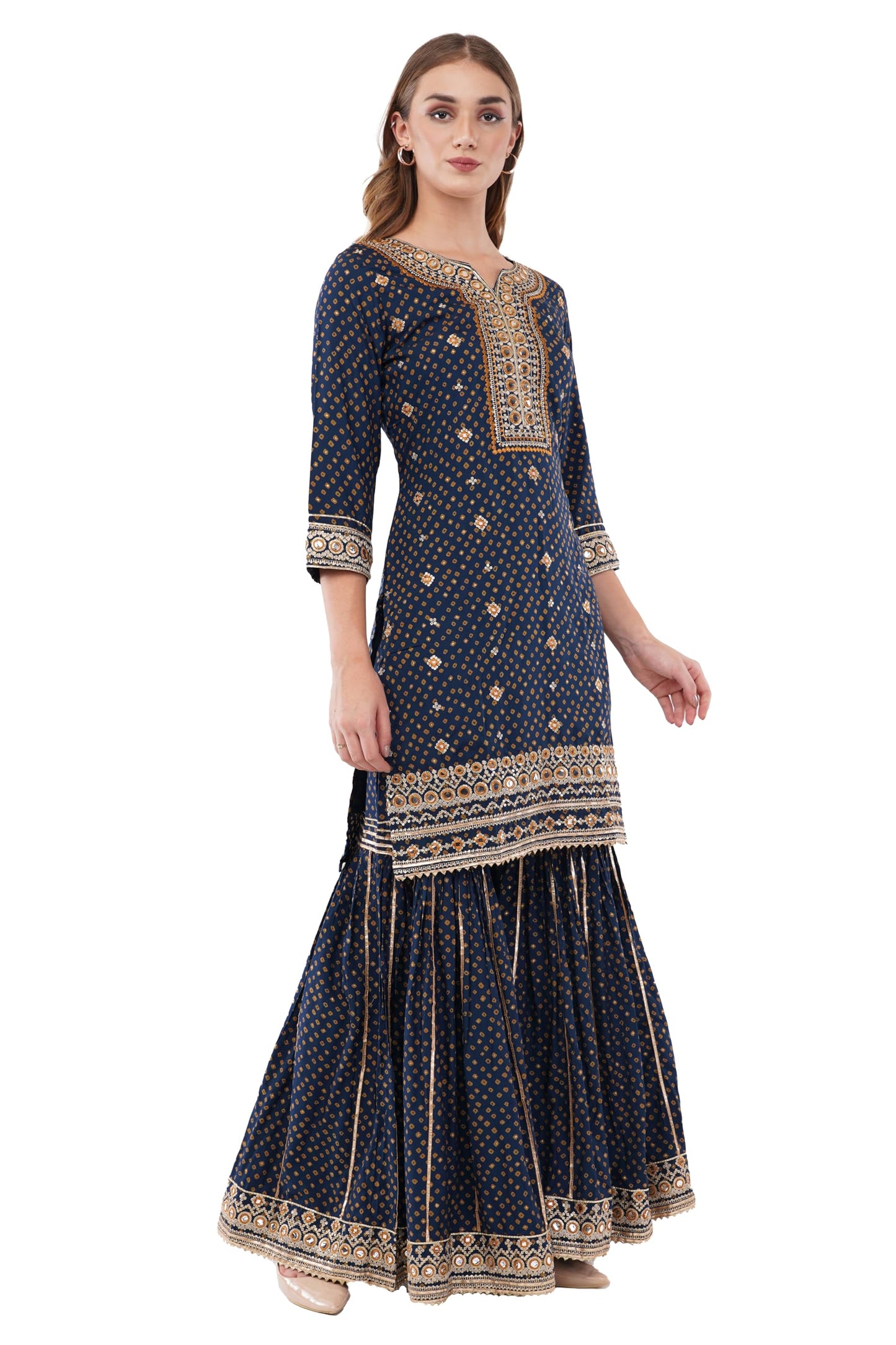 dhartii Navy Blue Suit Set for Women | Pure Muslin for Effortess Comfort | Embellished Yoke & Hemlines| 3 Piece Dress- Printed Suit, Flared Sharara Pants & Organza Dupatta