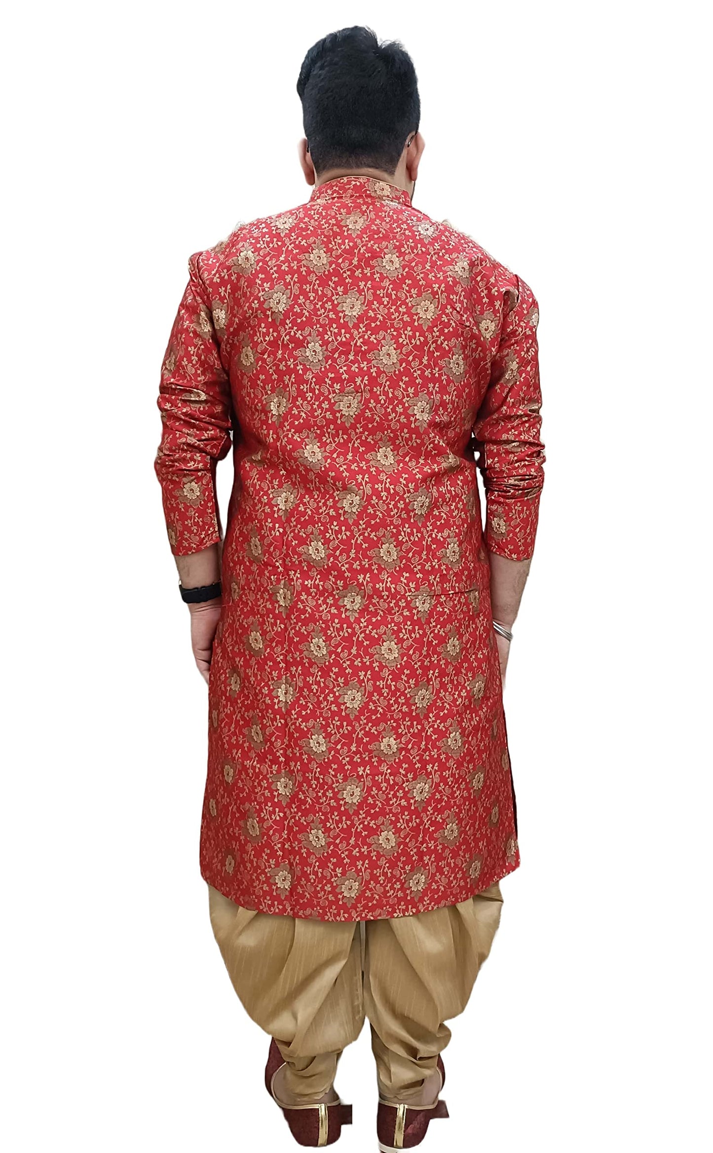 Over Crowd Men New Look Gold Plant Jacquard Kurta & Salwar Set (Maroon & Gold);Size:42
