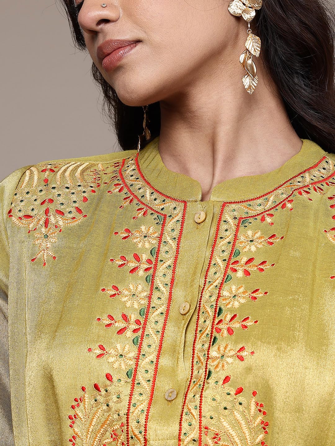 Aarke Ritu Kumar Golden Swarman Festive Band Collar Kurti With Camisole And Pant Co-Ord Set