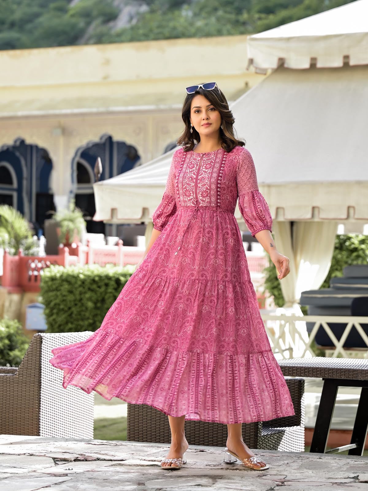 Juniper Onion Pink Ethnic Motif Printed Georgette Gathers Maxi Dress with Sequins & Doris