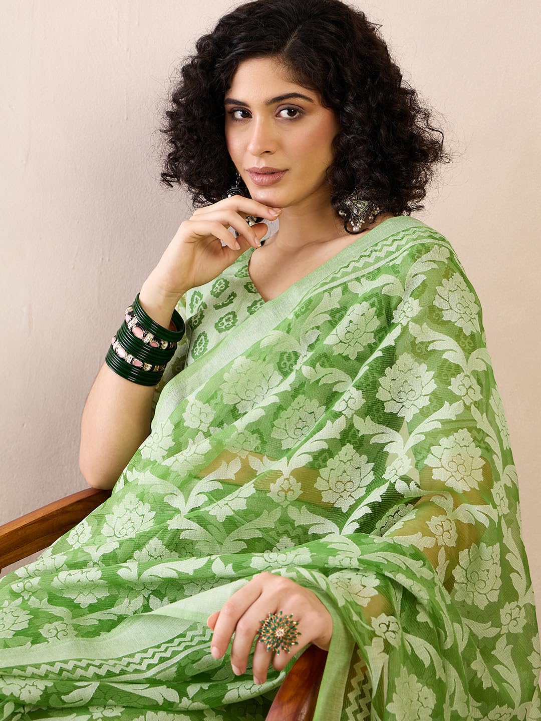 SAREE MALL Women's Green Brasso Floral Printed Ready To Wear one Minute Saree With Unstitched Blouse (RTWMSKR01E_HS)