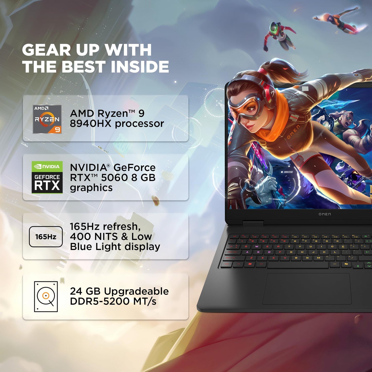 HP Omen, AMD Ryzen 9 8940HX, 8GB RTX 5060, 24GB DDR5(Upgradeable) 1TB SSD, 165Hz, 2k WUXGA, 3ms, 400 nits, 16''/40.6cm, Win11, M365* Office24, Black, 2.44kg, ap0181AX, Omen AI, RGB, AI Gaming Laptop