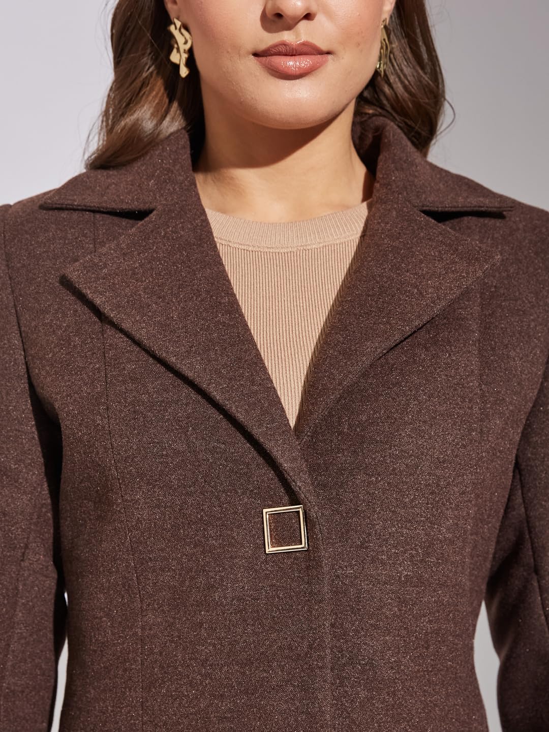 Latin Quarters Women's Brown A-Line Lapel Collared Casual Solid Coat