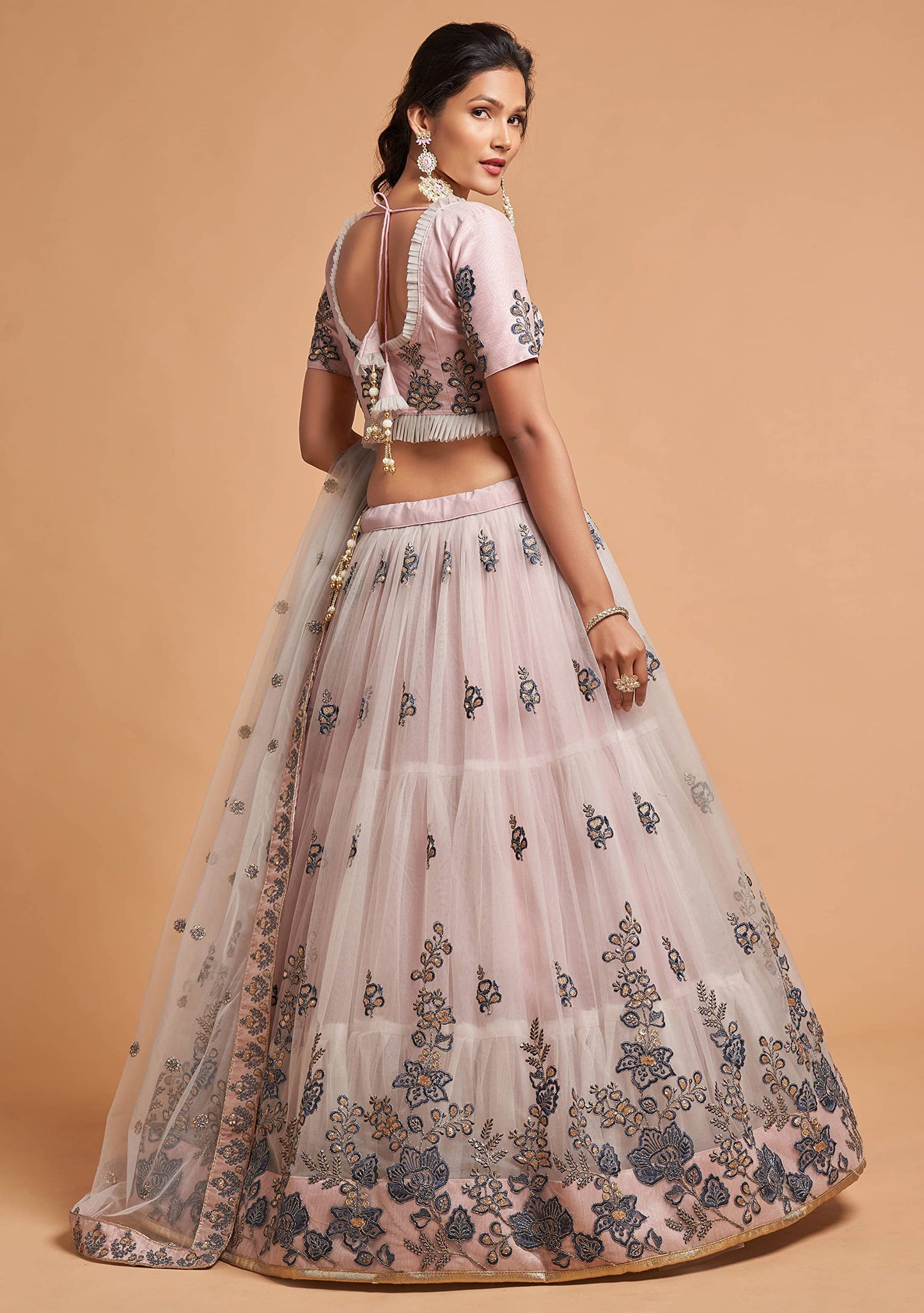 Divine International Trading Co Women's Net Embroidered Semi-Stitched Lehenga Choli with Dupatta (7307-Grey-Wedding-Girlish-Latest-Lehenga; Free Size)