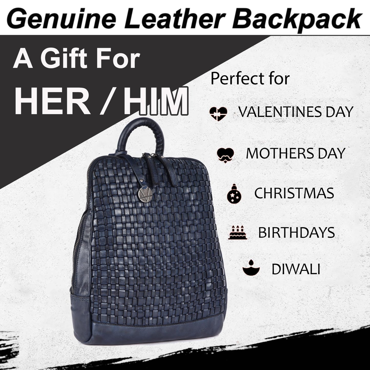 VILENCA HOLLAND 12.5 Inch Navy Blue Genuine Leather Backpack for Men,Casual Mini Backpack for Women Office Bag with Adjustable Shoulder Strap