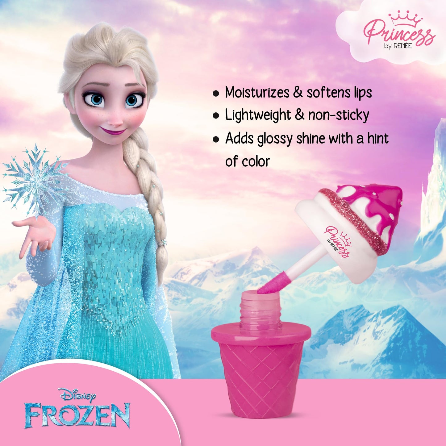 RENEE Disney Frozen Princess Icecream Lip Gloss Elsa-For Pre-Teen Girls,Enriched With Shea Butter & Apricot Oil,Adds Glossy Shine With Nourishing And Moisturizing Effect - No Parabens - 8Ml