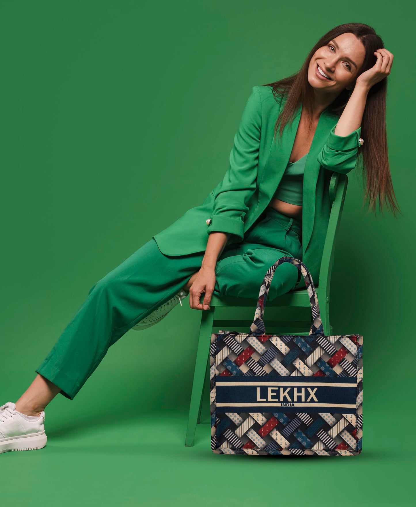 LX LEKHX Designer Tote Bag for Women | Premium Laminated Jute Canvas Handbag with Geometric Print | Stylish Spacious Office, College, Travel & Laptop Bag (Fits 16 Inch) (Multicolor-Blue)