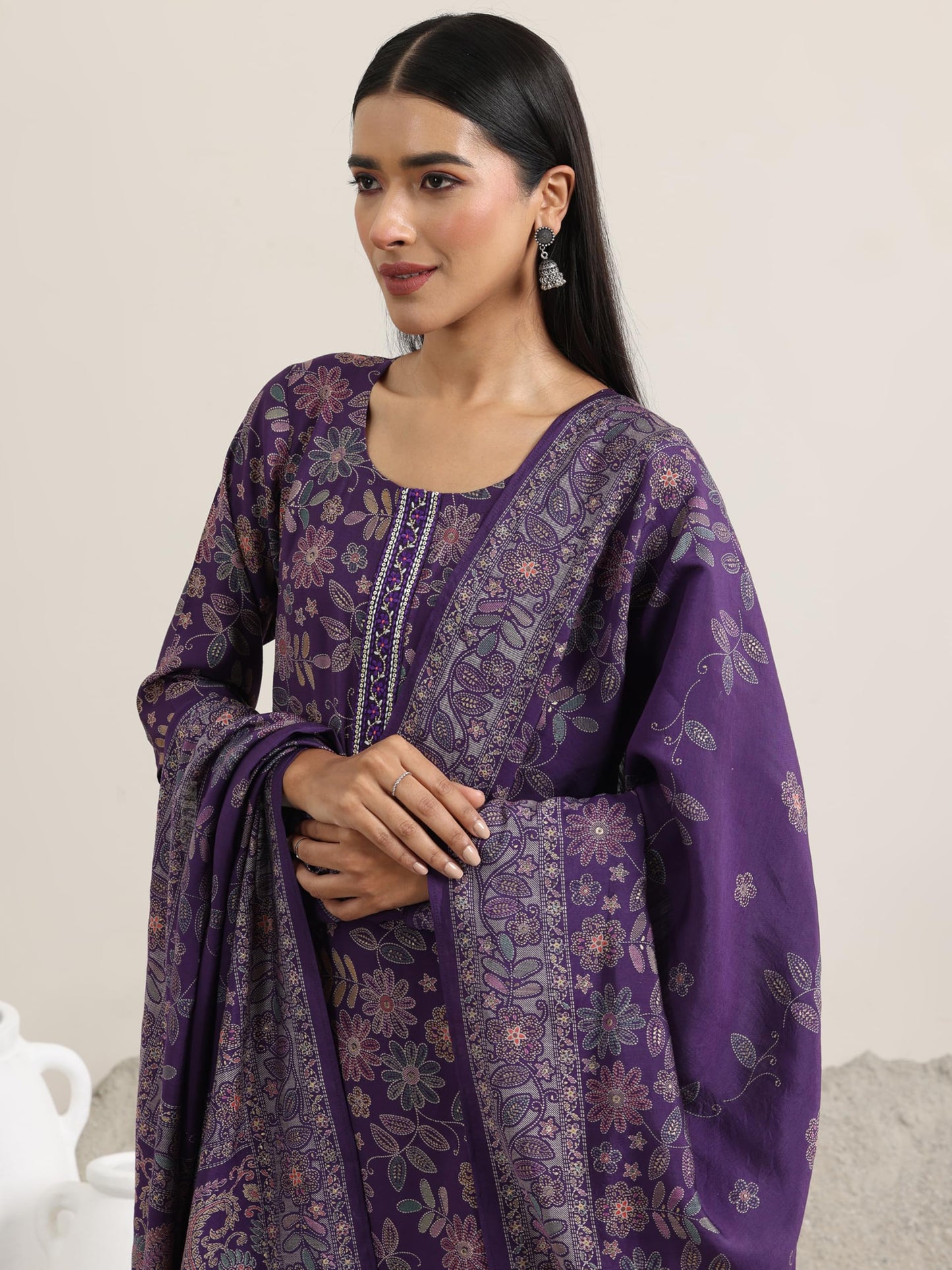 Libas Womens Printed Silk Blend Straight Kurta With Salwar and Dupatta