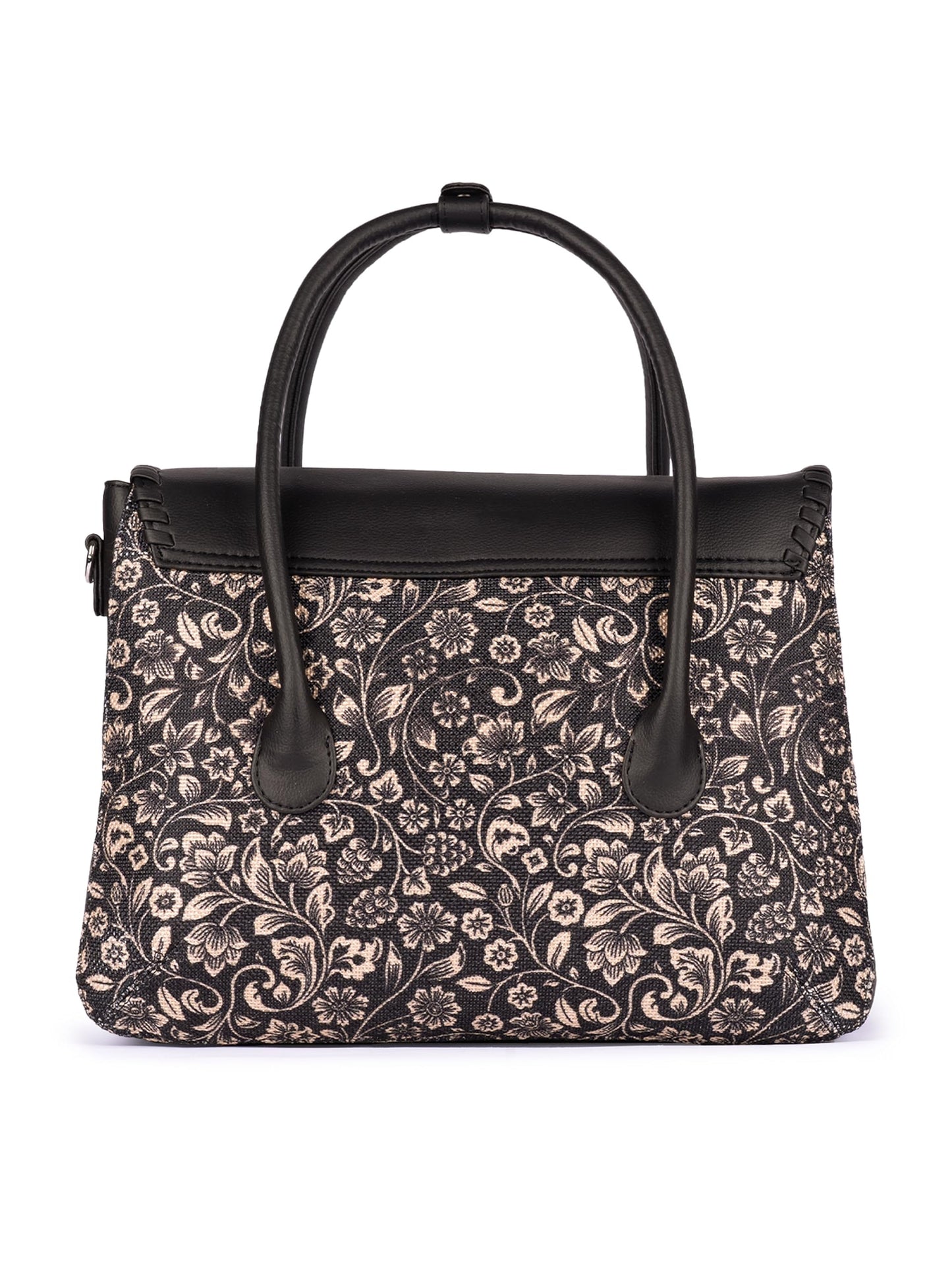 ZOUK Flomotif Floral Printed Jute Handcrafted Vegan Leather Black Women's Satchel Bag | Ladies Purse Handbag | Double Handle Detachable Strap