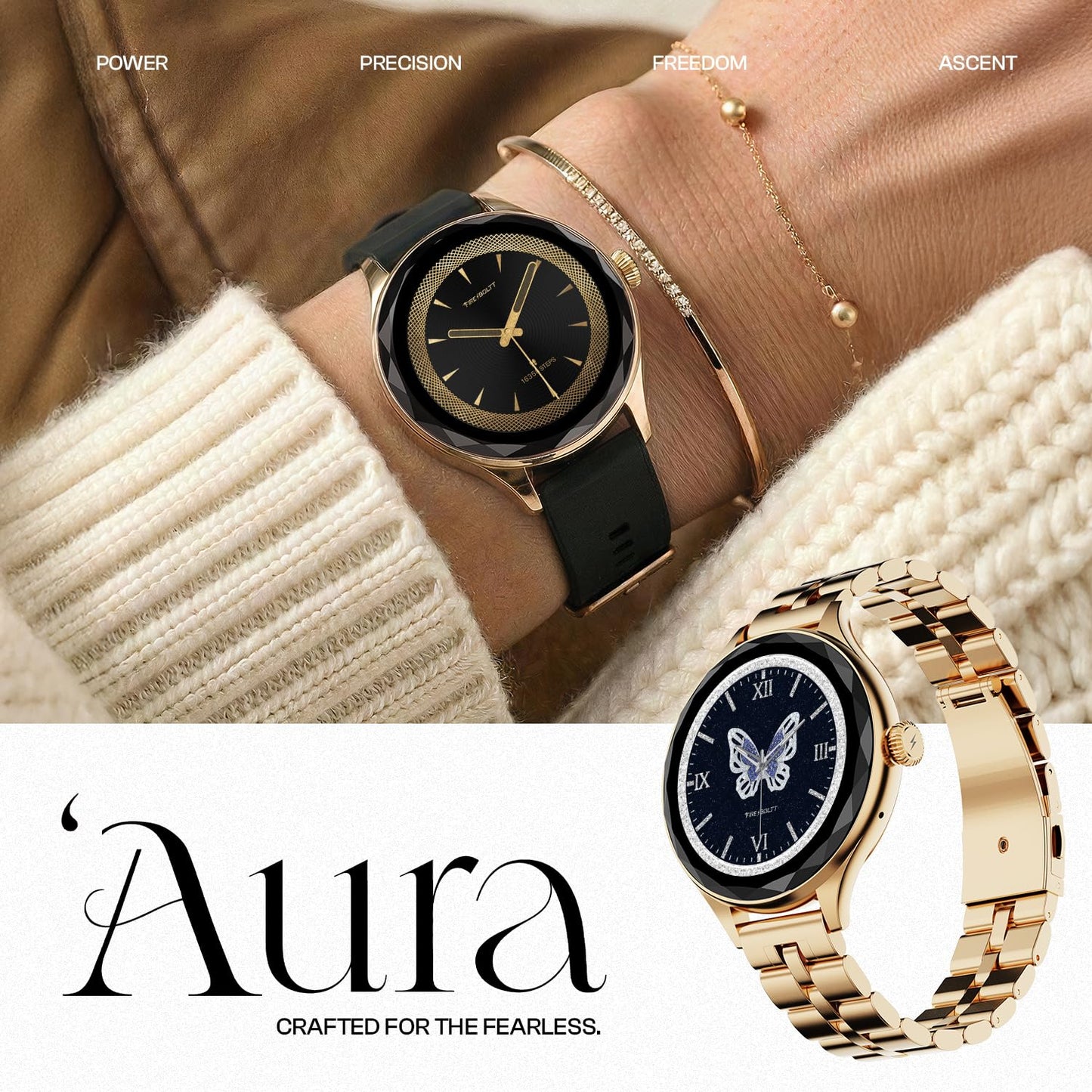 Fire-Boltt Phoenix Aura Women Smart Watch with 1.26” Diamond-Cut HD Display, Rotating Crown, Wireless Charging, Bluetooth Calling, Voice Assistant, 120+ Sports Modes - Regal Gold