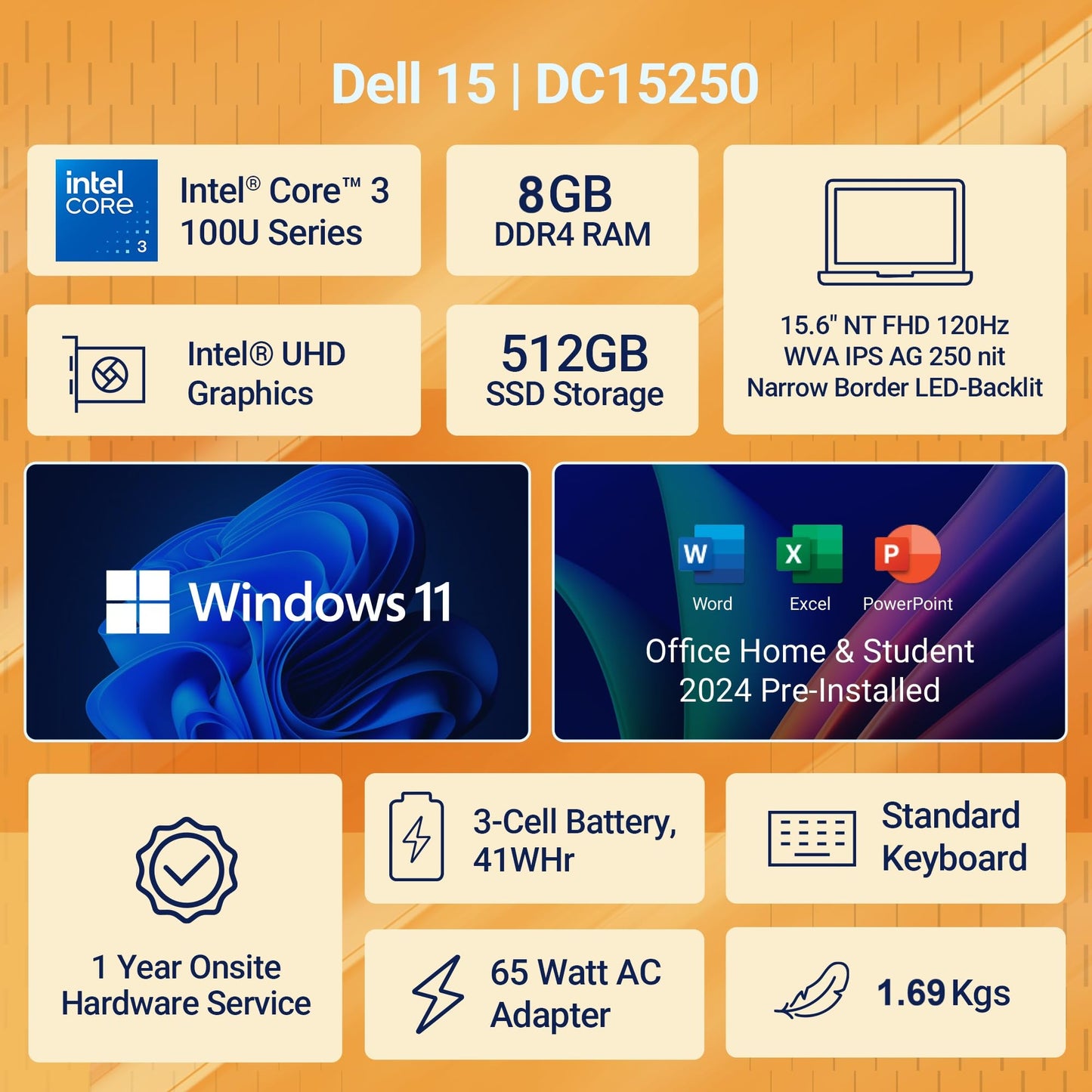 New Dell 15 Laptop, Intel Core 3 100U Processor, 8GB DDR4, 512 SSD, Intel UHD Graphics, 15.6" NT FHD 120Hz IPS AG 250 nit Display, Win 11 + Office H&S 2024, Carbon Black, Thin & Light- 1.63Kg