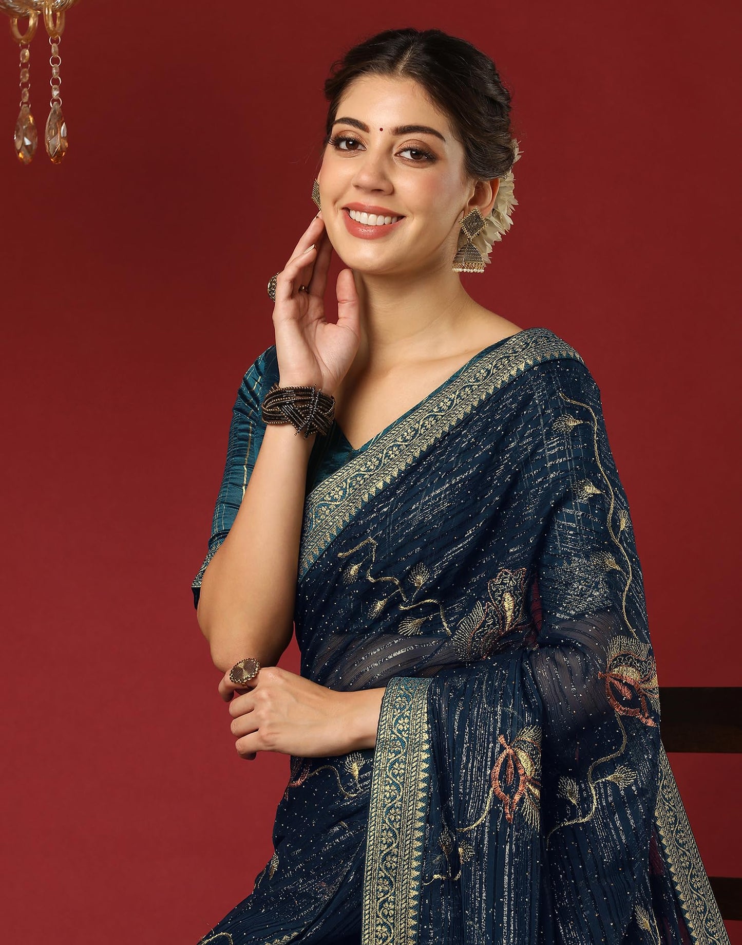 Satrani Women's Georgette Stone Work & Embroidery Saree with Unstitched Blouse Piece (4397S3142N_Rama Blue)