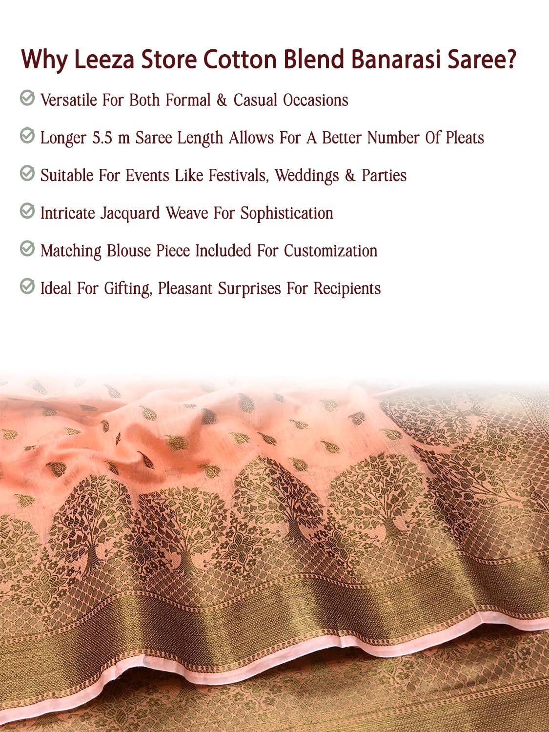 leeza store Women's Peach Cotton Silk Blend Golden Zari Tree Pattern Border Rich Pallu Banarasi Saree With Blouse Piece