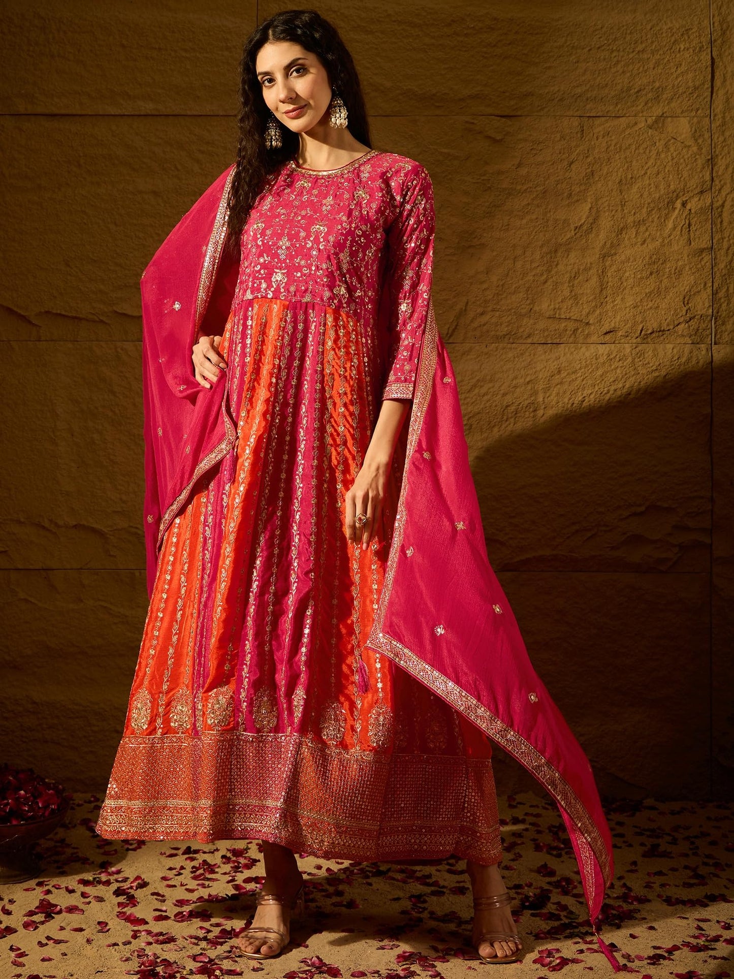 Miss Ethnik Women's Pink Chinon Stitched Gown With Dupatta 3/4 Sleeve Embroidered Anarkali Gown (MEY-1231-Pink-L)