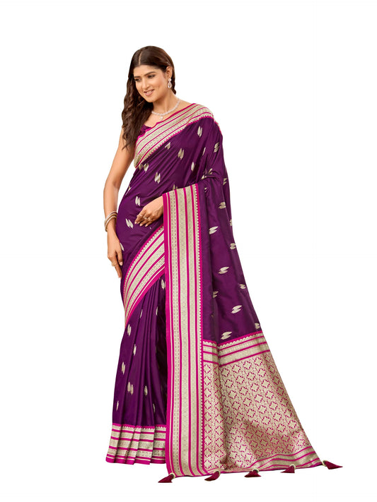 MANOHARI Women's Most Trendy Banarasi Satin Silk Woven Magenta Flower Pattern Saree With Heavy Jacquard Work Saree With Blouse Piece_MN2037
