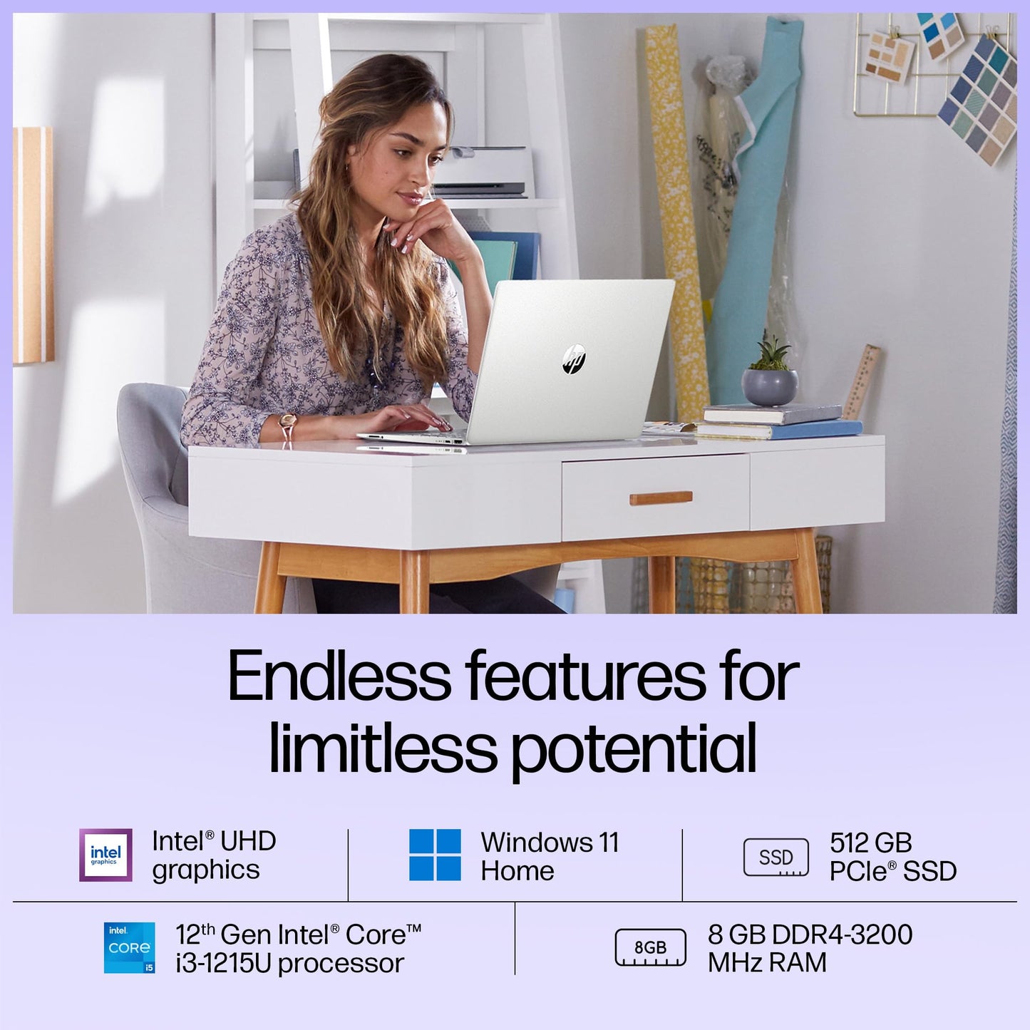 HP 15s, 12th Gen Intel Core i3-1215U Laptop (8GB DDR4, 512GB SSD) Anti-Glare, 15.6"/39.6cm, FHD, Win 11, MS Office 21, Silver, 1.69kg, Intel UHD Graphics, HD Camera, Dual Speakers, fy5011TU