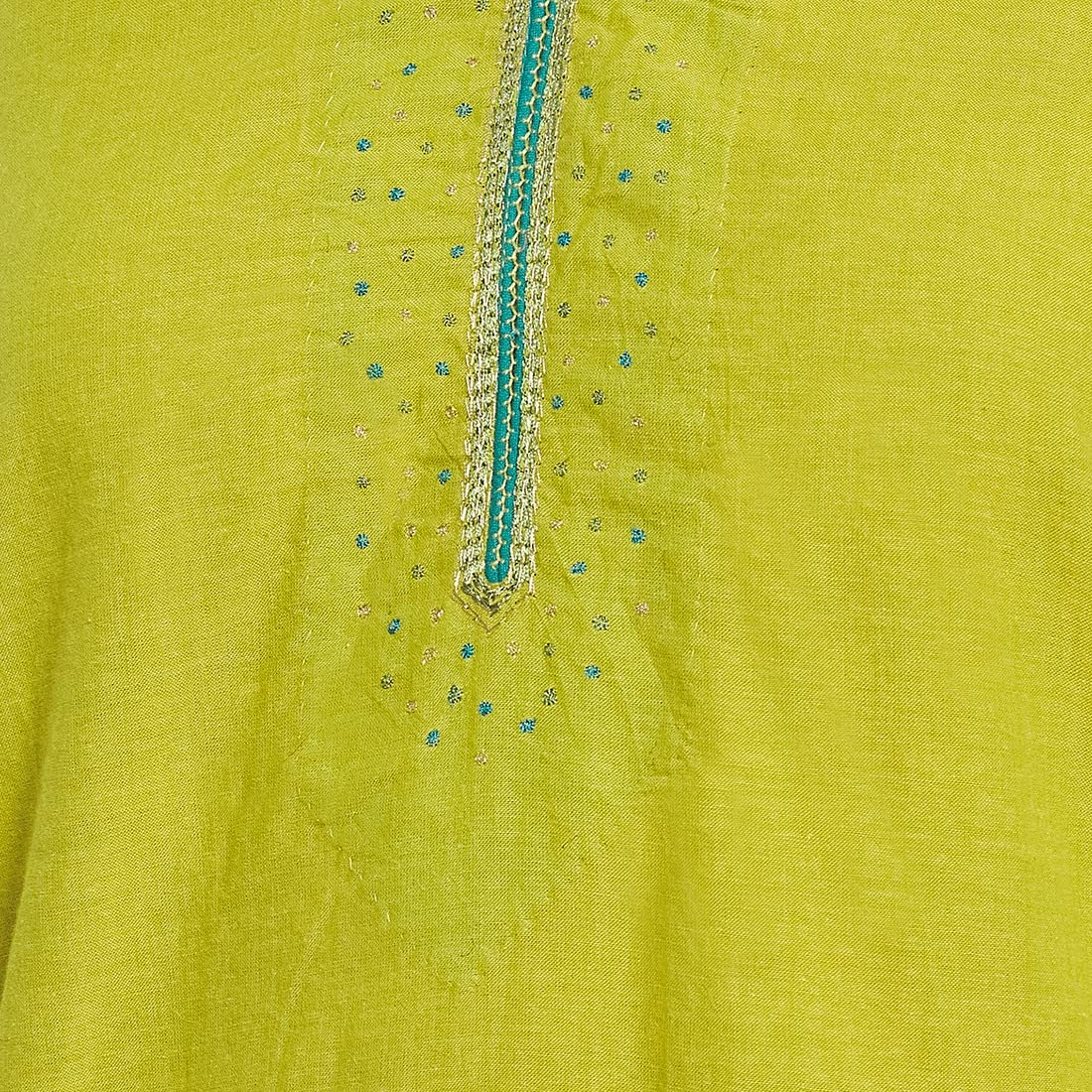 Fabindia Women Cotton Embroidered Long Kurta Green_XS