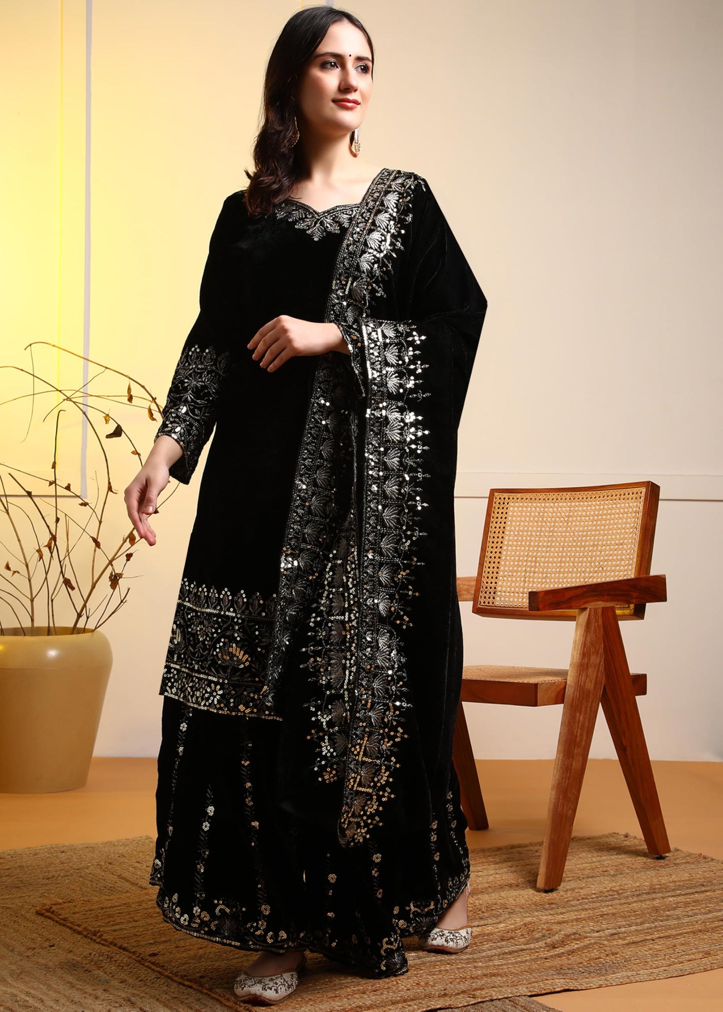 Brulry Women's Black Embroidered Velvet Kurta with Sharara & With Dupatta