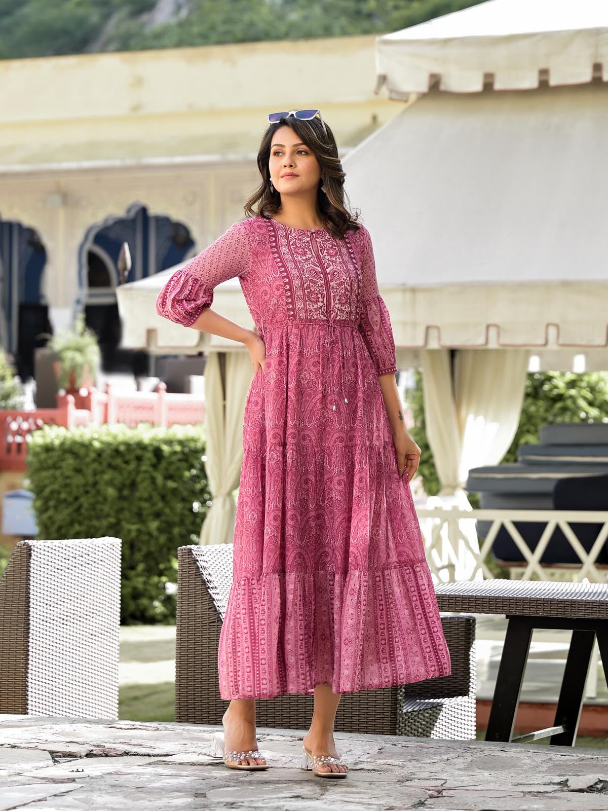 Juniper Onion Pink Ethnic Motif Printed Georgette Gathers Maxi Dress with Sequins & Doris