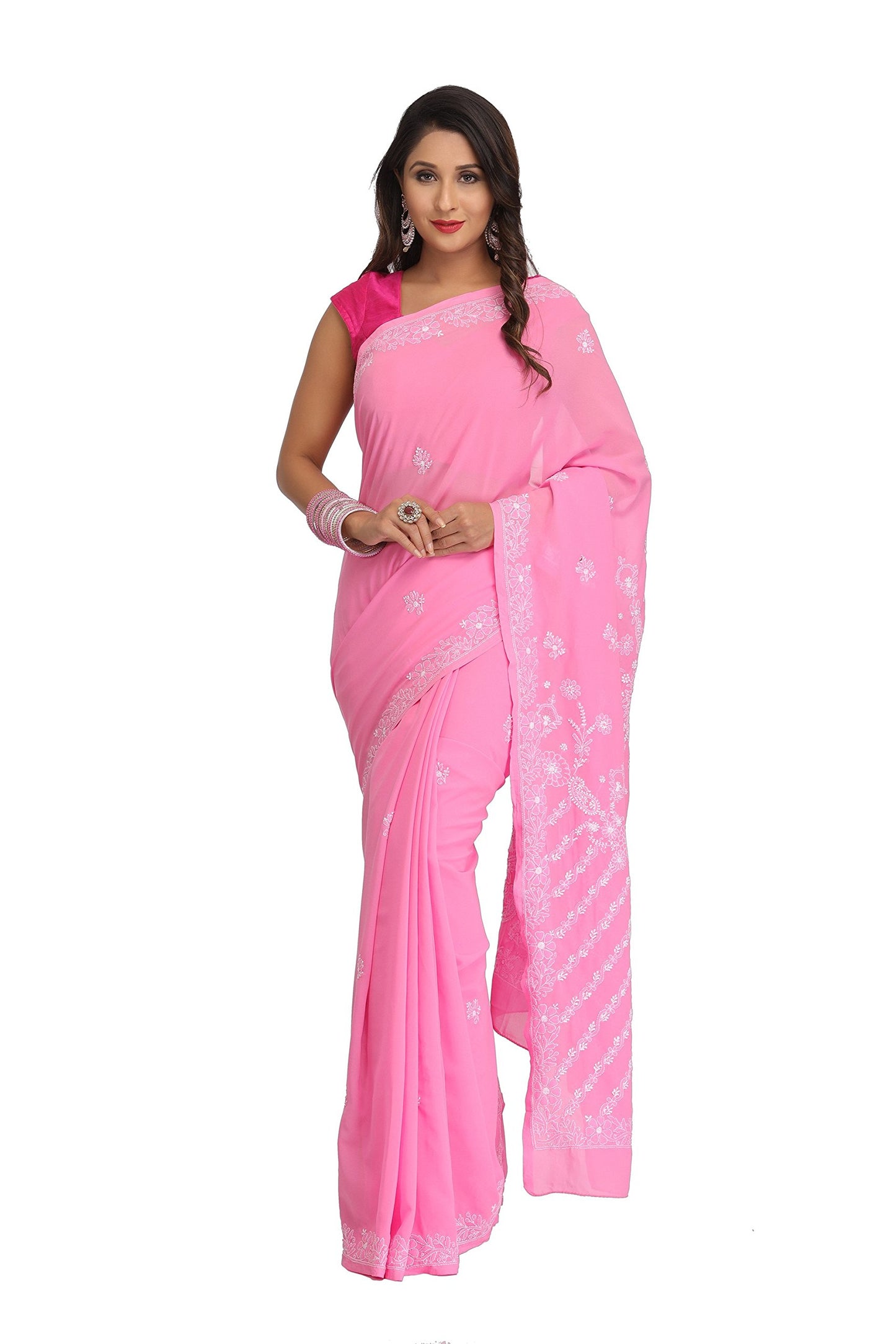 Ada Hand Embroidered Lucknow Chikan Faux Georgette Women's Chikan Saree With Blouse A130252 Pink