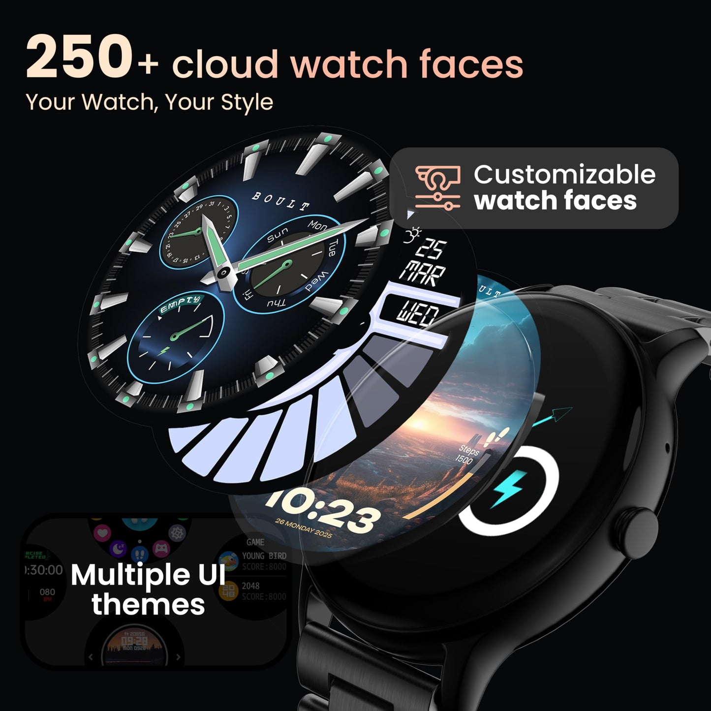 Boult Newly Launched Dire Smartwatch 1.38'' 2.5D Curved HD Display, BT Calling, 500 Nits Brightness, IP67, 250+ Watchfaces, 120+ Sports Modes, AI Voice Assistant, SpO2 Monitoring (Metal Black)