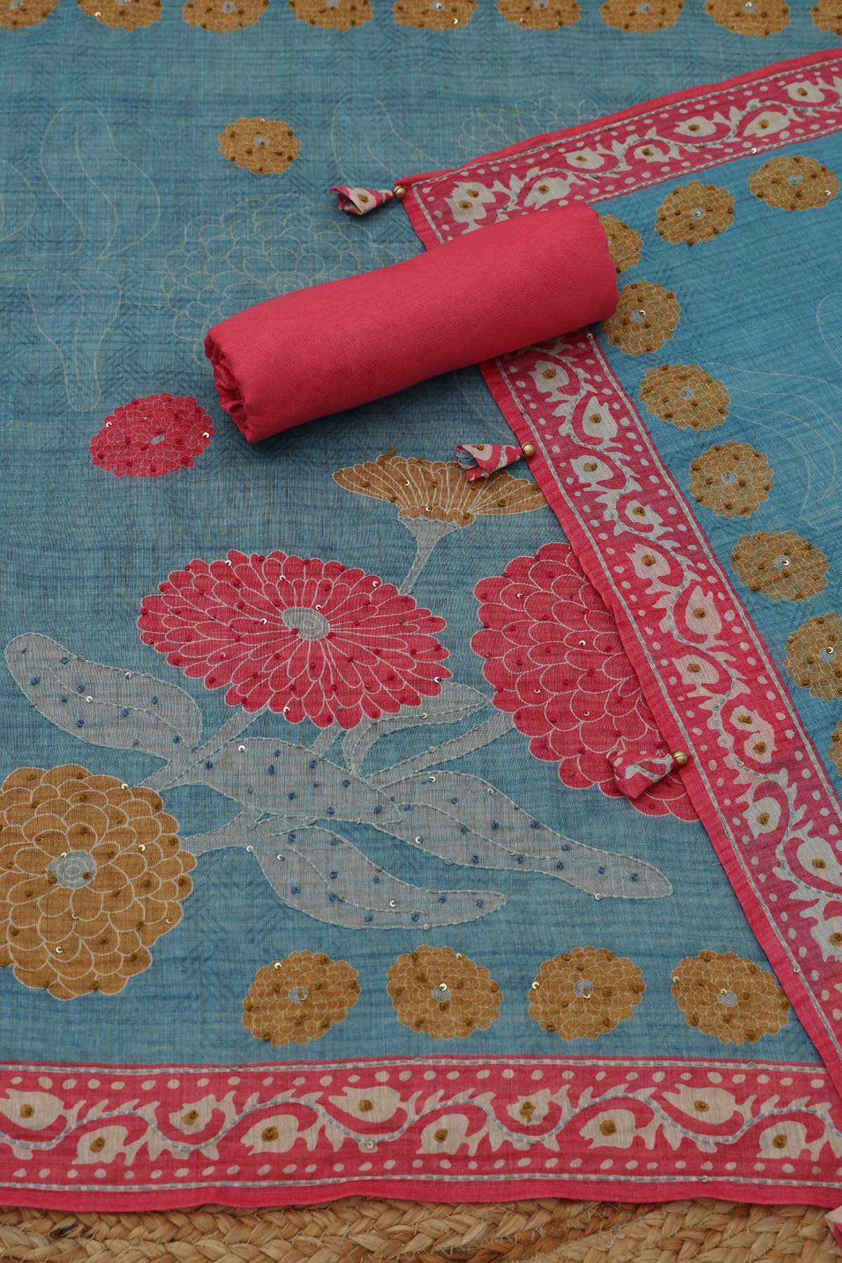Soch Womens Pink Chanderi Floral Dress Material With Sequins