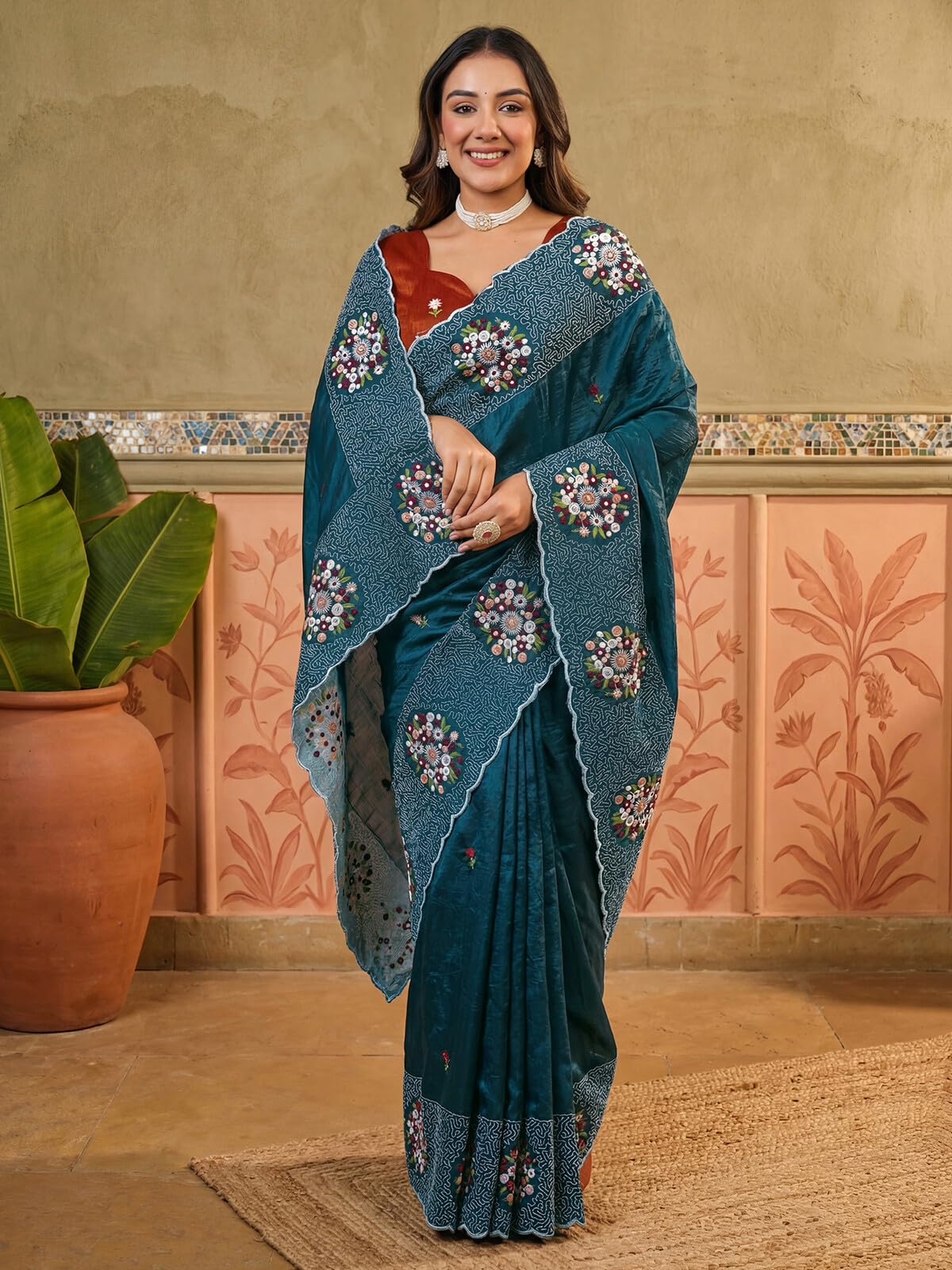 SIRIL Women's Crush Tissue Scalloped Border Embroidery Saree with Unstitched Blouse Piece (4978S231A_Teal Blue)