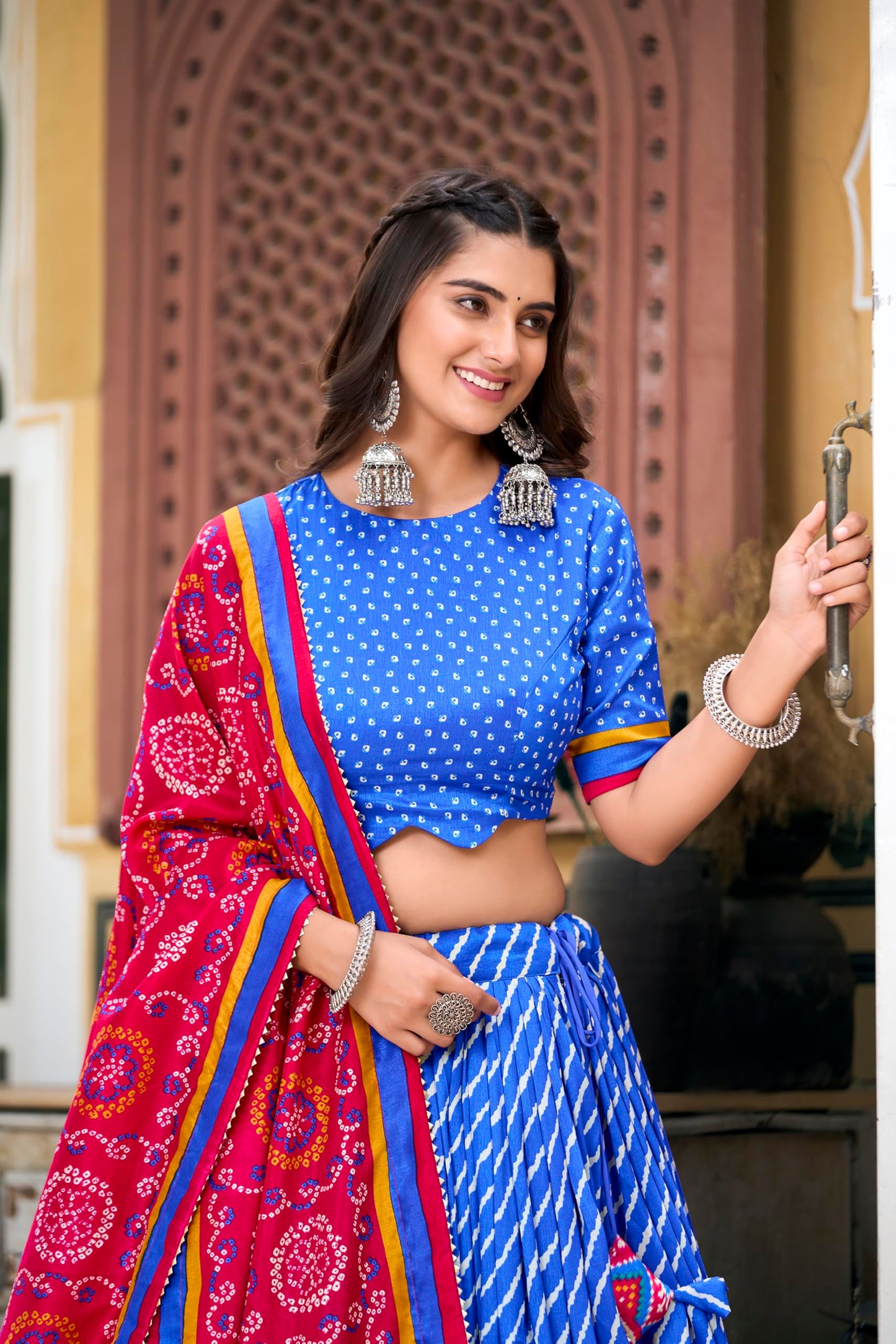 LooknBook Art Women's Leheriya Printed Silk Unstitched Lehenga Choli With Dupatta, Royal Blue