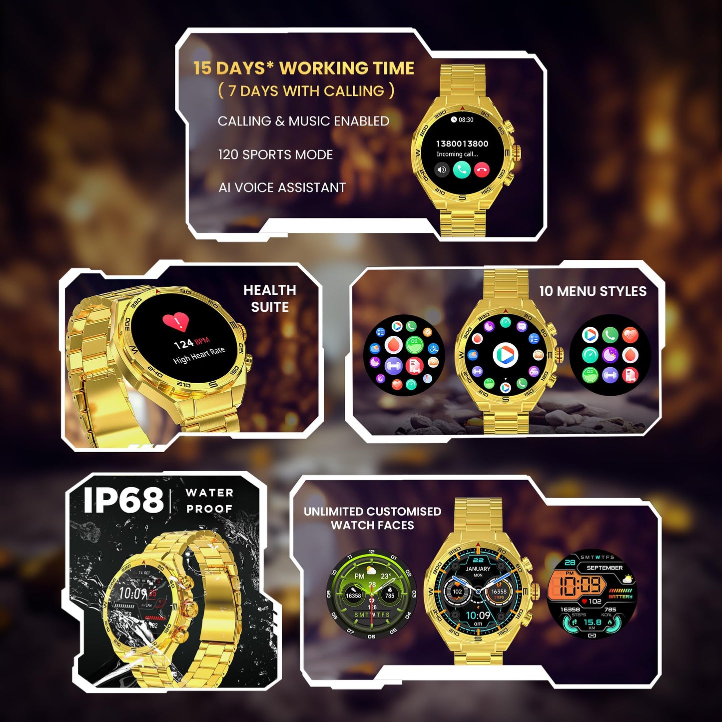 (Refurbished) GIZMORE IKON Luxe 3.93cm (1.55) FHD Display | AOD with 600 NITS I Active Crown & 3 Buttons Control | IP68 | Zinc Alloy Metal Body | 15 Days Battery & 120 Sport Modes I BT Calling Smartwatch (Gold)