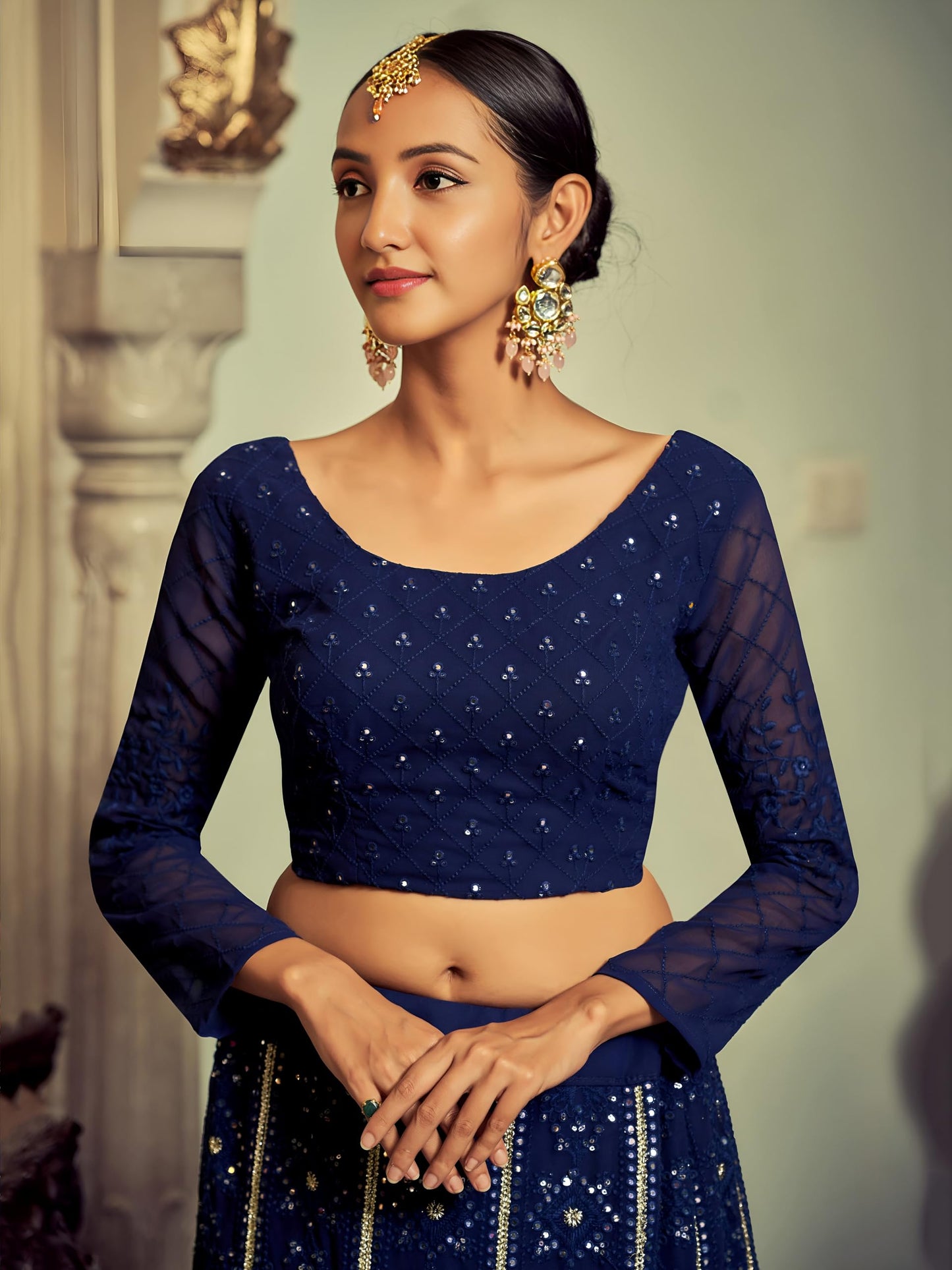 Zeel Clothing Women's Sequins Thread Embroidered Georgette Lehenga Choli With Dupatta (6005-Navy-Blue-Women-Lehenga-Choli-New; Free Size)(Navy-Blue)